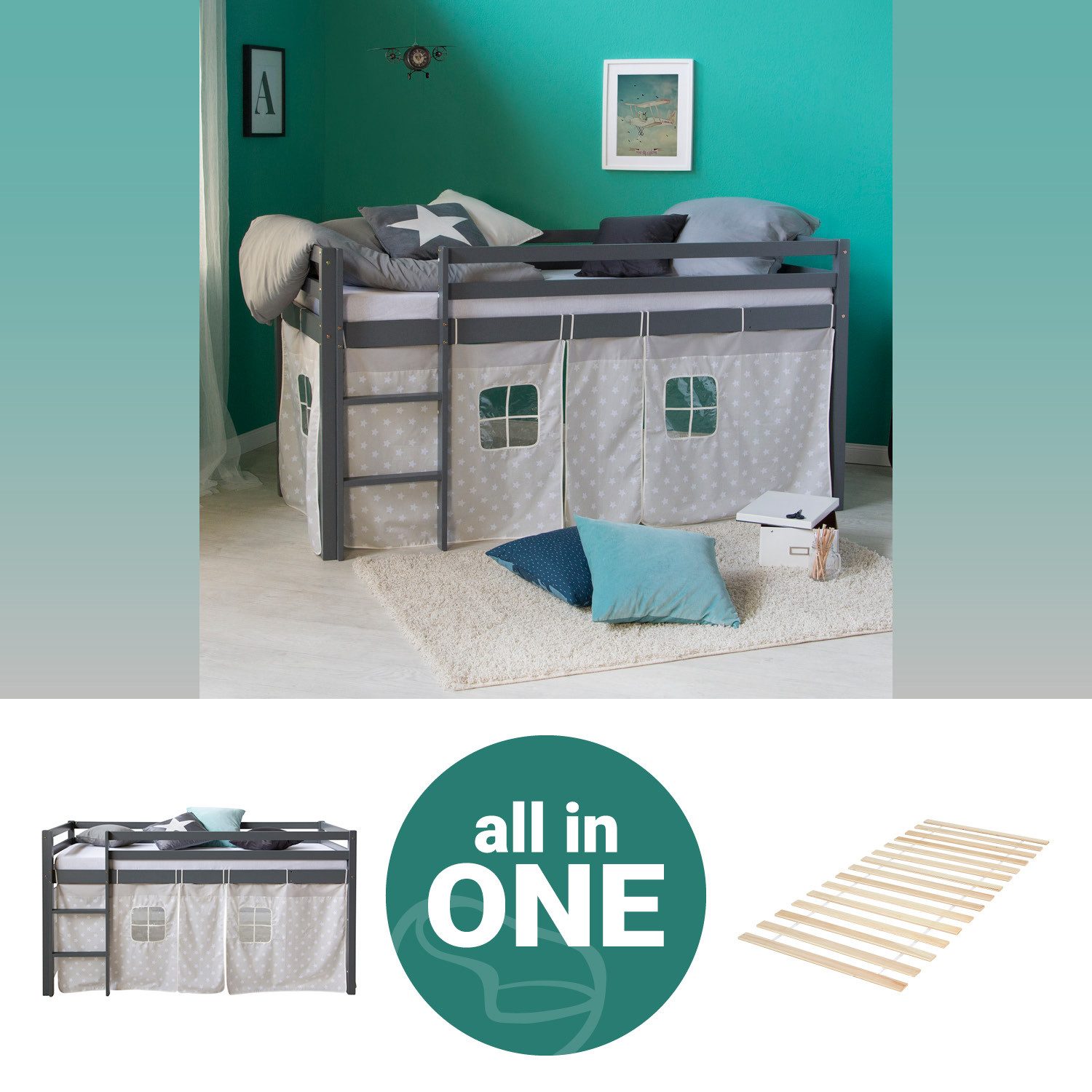 Homestyle4u Hochbett 90x200 mit Vorhang und Lattenrost Grau Sterne 2777 günstig online kaufen