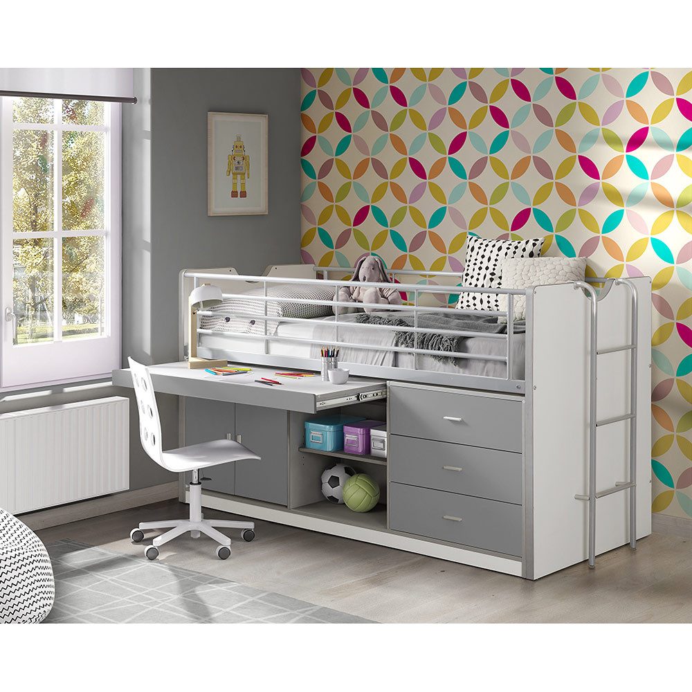 Lomadox Kinderbett, 90x200cm, mit ausziehbarem Schreibtisch und Stauram, weiß/grau