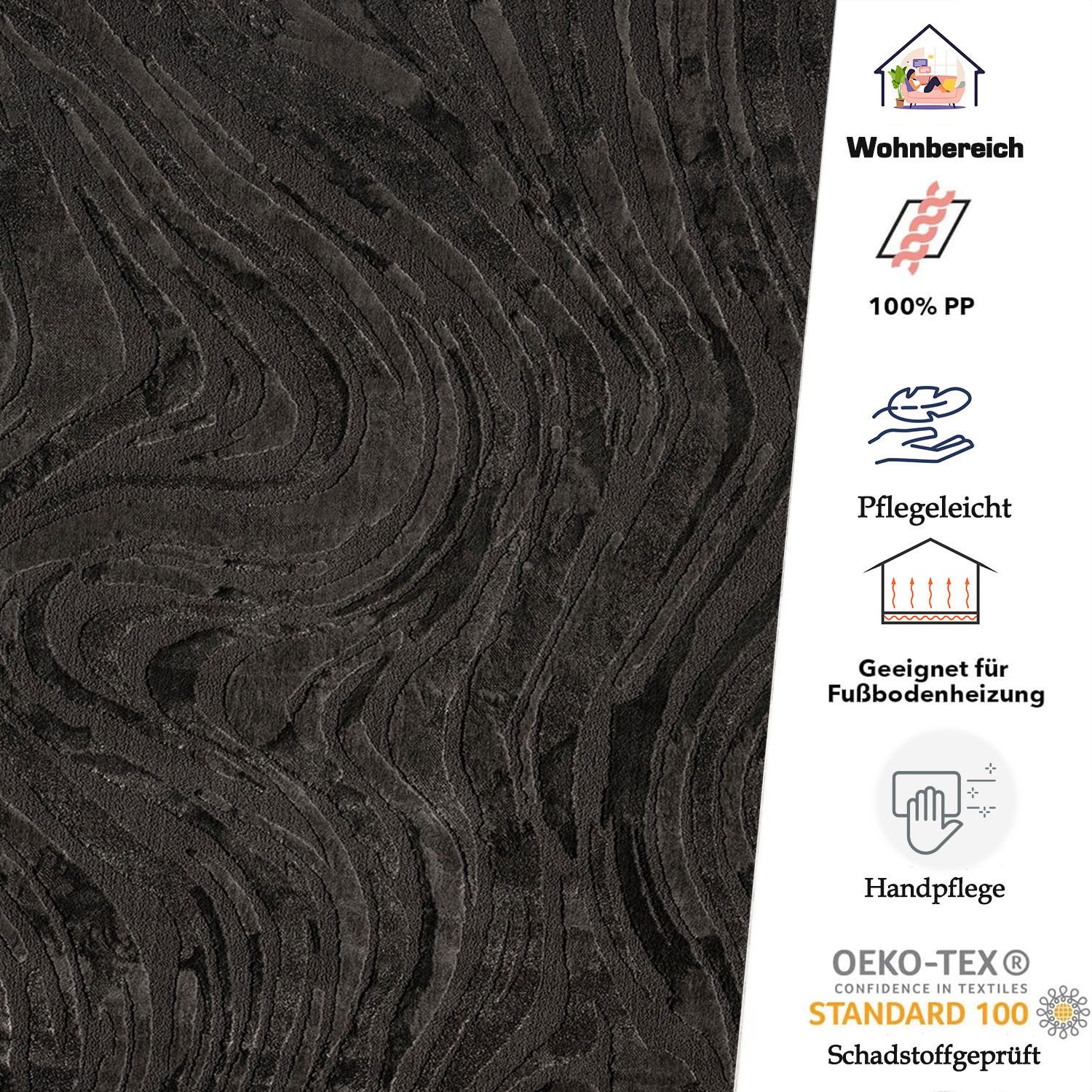 Vimoda Teppich Wellenmuster, modernerer Design, dicht & weich, Rund, Höhe: 11 mm, Uni, Läufer Anthrazit 3D Motiv, Wohnzimmer, Schlafzimmer