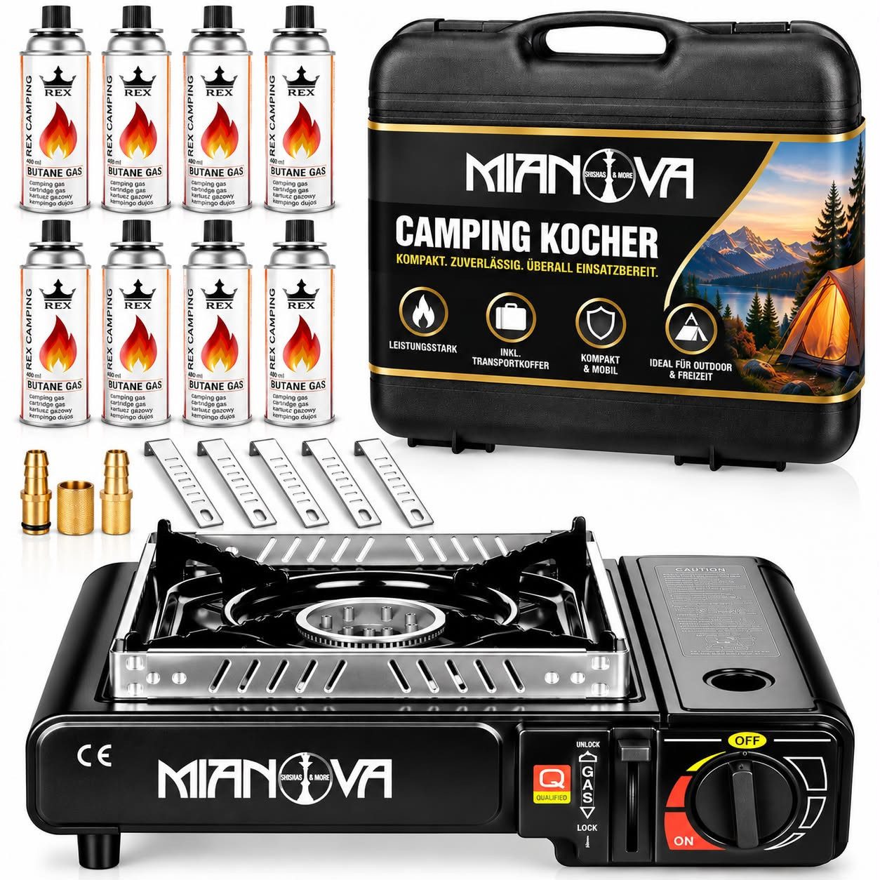 Mianova Gaskocher 2in1 Tischkocher mit LPG Anschluss Edelstahl Brenner Outdoor Camping, (Gaskocher mit Adapter, Tragekoffer und …