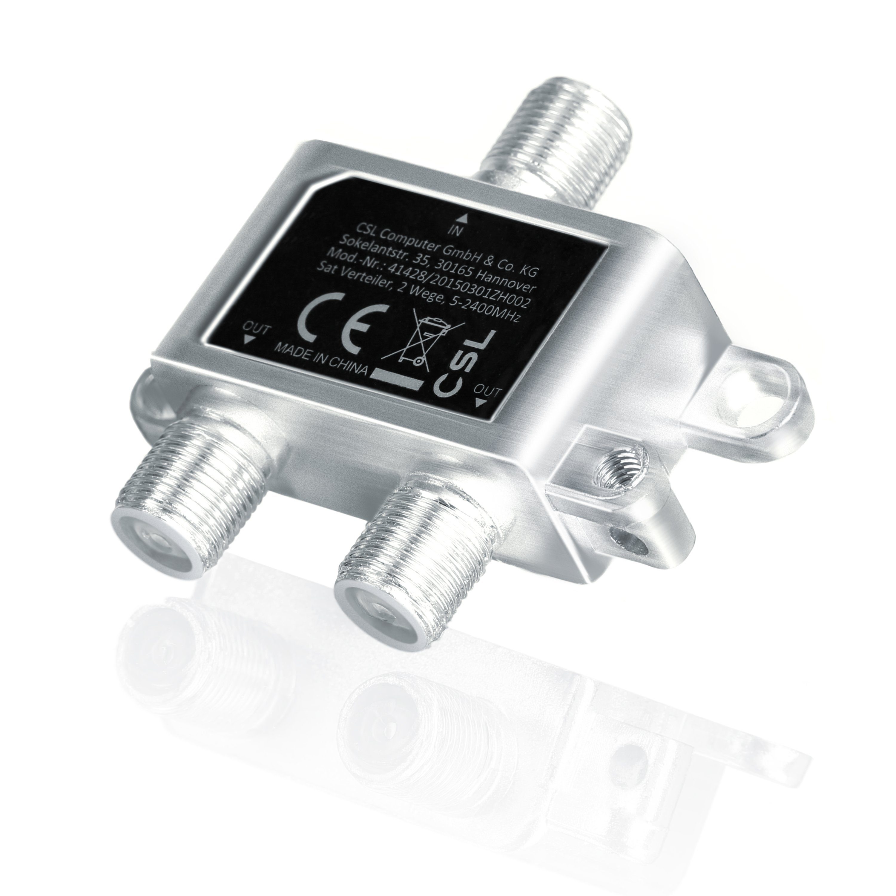 CSL TV-Adapter, 2-Wege Sat Verteiler mit Erdungsanschluss 5 - 2400 MHz, voll geschirmt