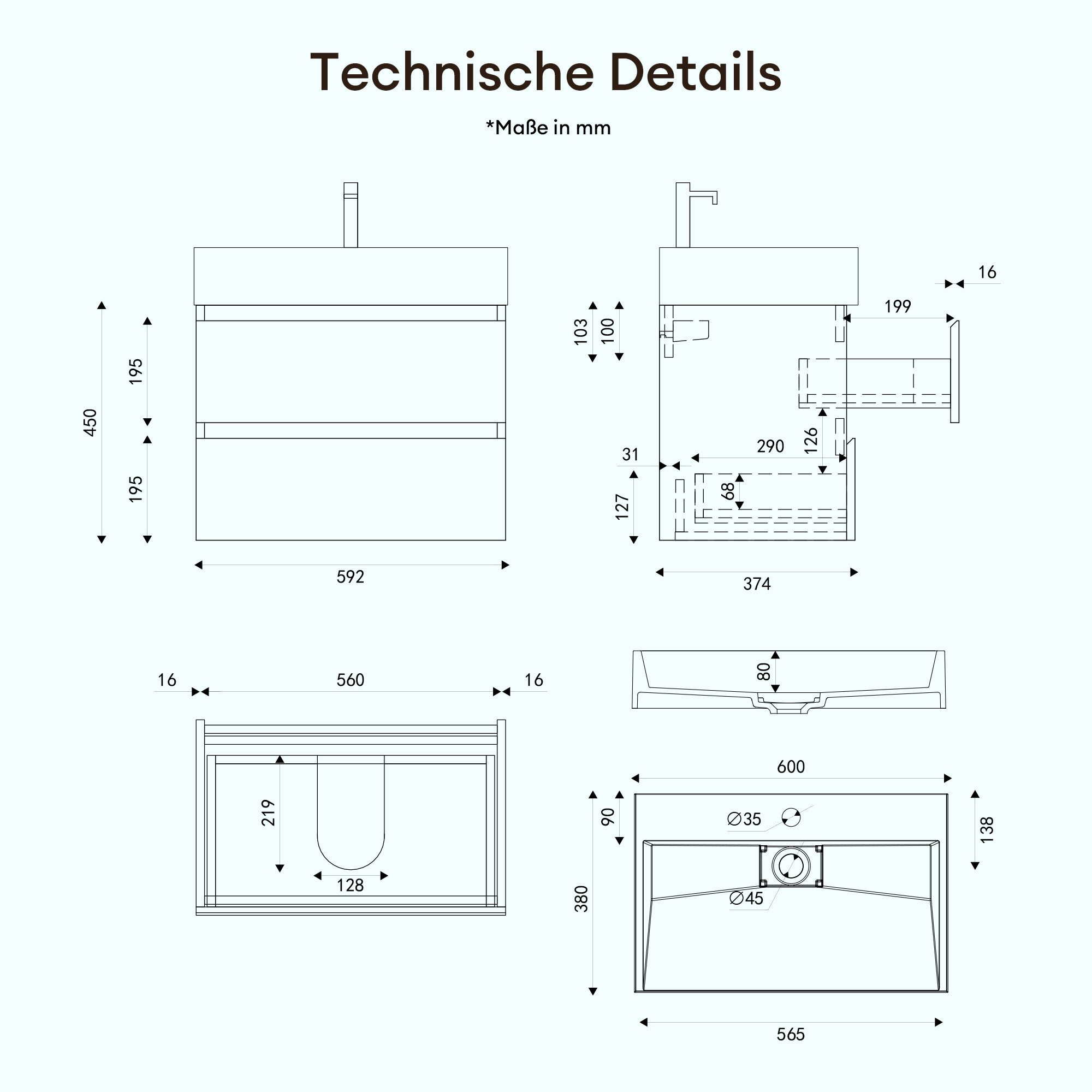 doporro Badmöbel-Set Mineralguss Waschtisch mit Unterschrank Waschbeckenunterschrank Verona
