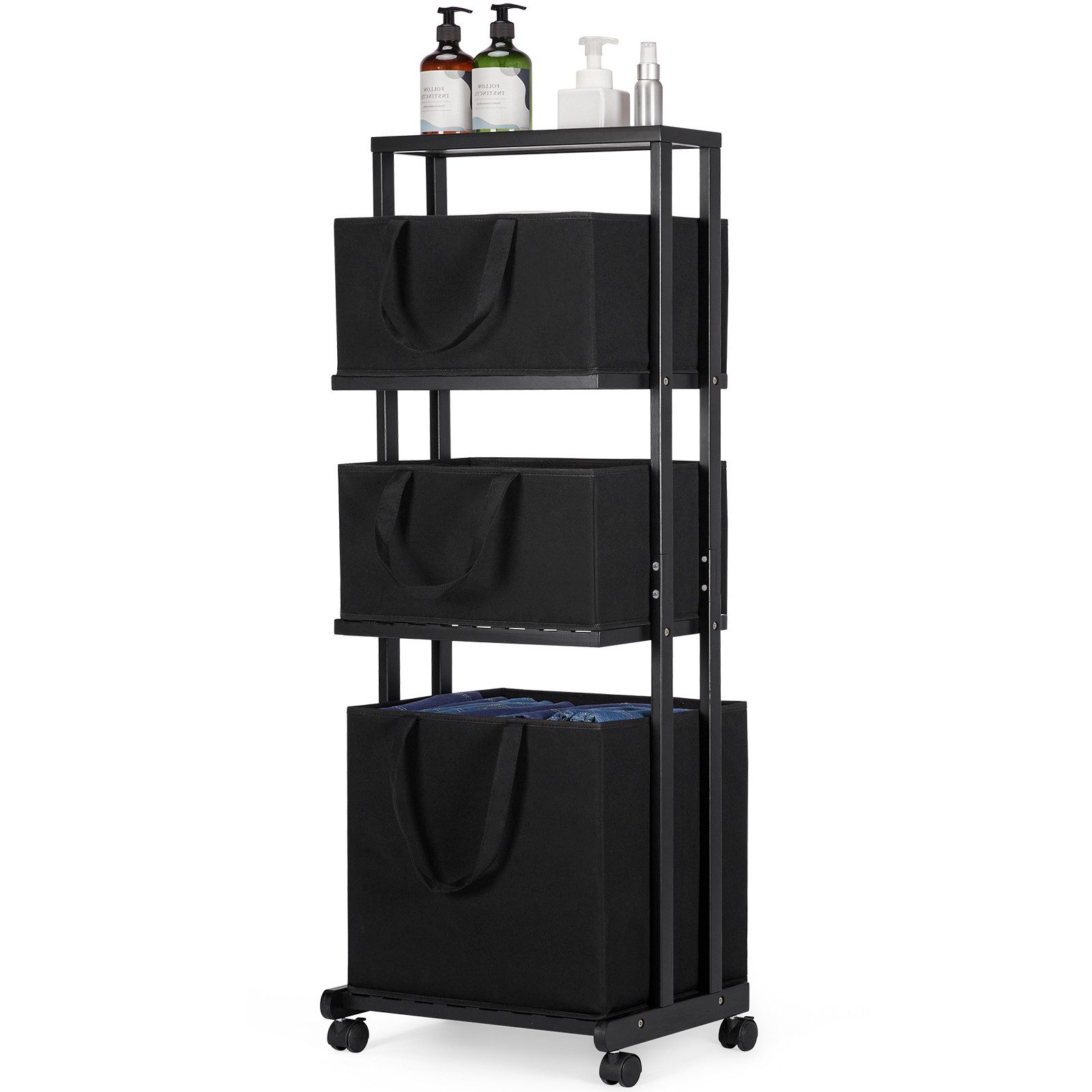 Yorbay Wäschekorb Wäschesammler aus Bambus (Mit Rollen, mit 4 Ebenen, mit 3 günstig online kaufen