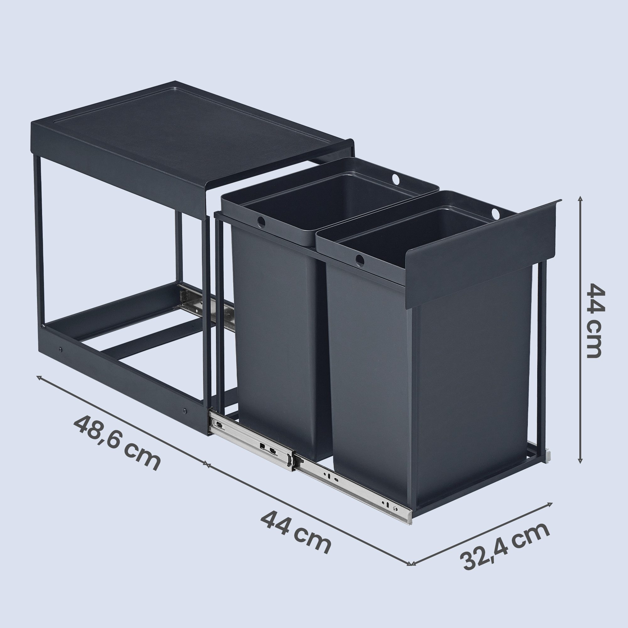SONGMICS Mülleimer Mülltrennsystem für Unterschrank, Abfalleimer 2 Fächer, ausziehbar, Stahlrahmen, ABS-Deckel, 2 x 15 L – Bild 3 von 5