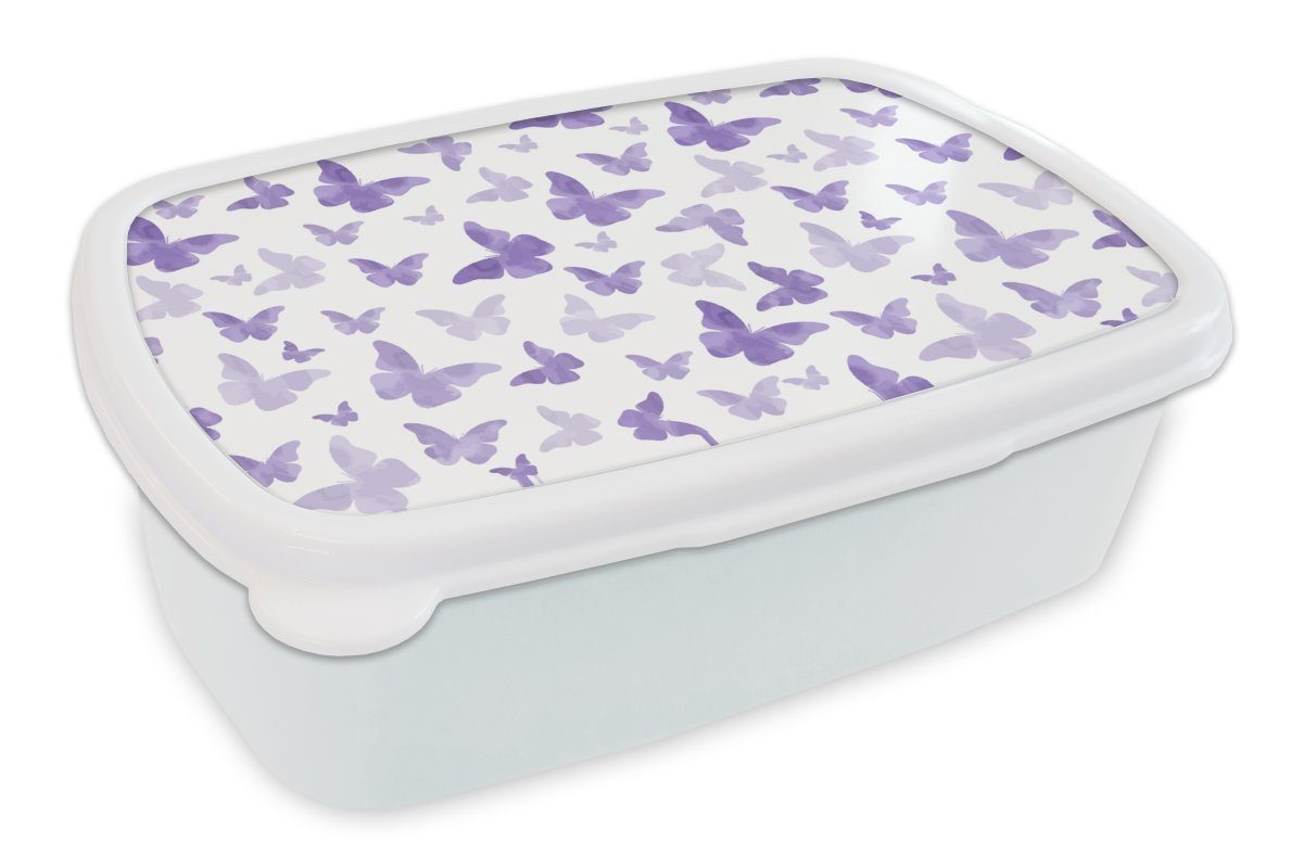 MuchoWow Lunchbox Schmetterling - Lila - Muster, Kunststoff, (2-tlg), Brotbox für Kinder und Erwachsene, Brotdose, für Jungs und Mädchen weiß