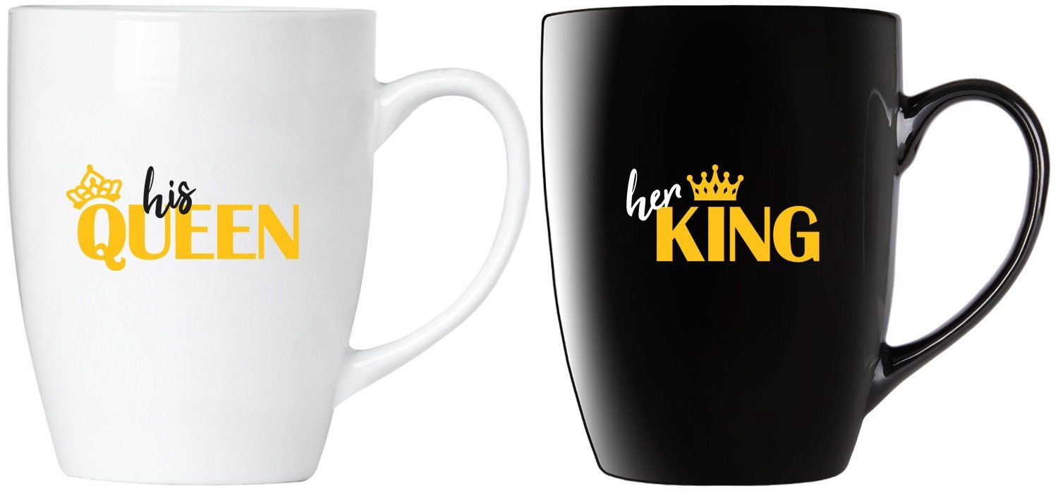 BRUBAKER Tasse Kaffeetassen Her King & His Queen mit Grußkarte, 2-tlg., Keramik, Kaffeebecher - 300 ml Tassen Geschenkset - in Geschenkbox