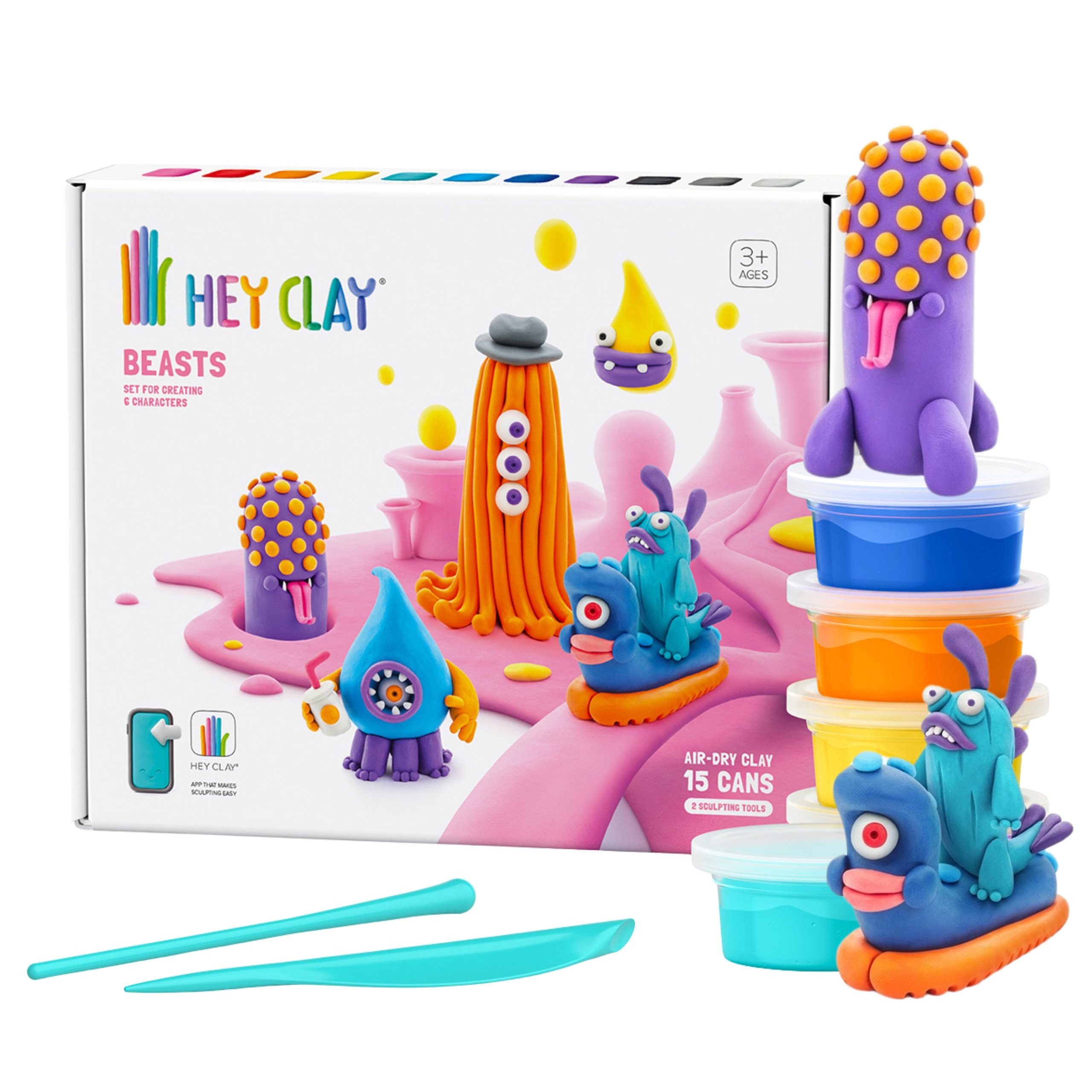 Sarcia.eu Modelliermasse Hey Clay Bestie – Knetmasse mit Zubehör, 15 Farben, Spielknete Kinder