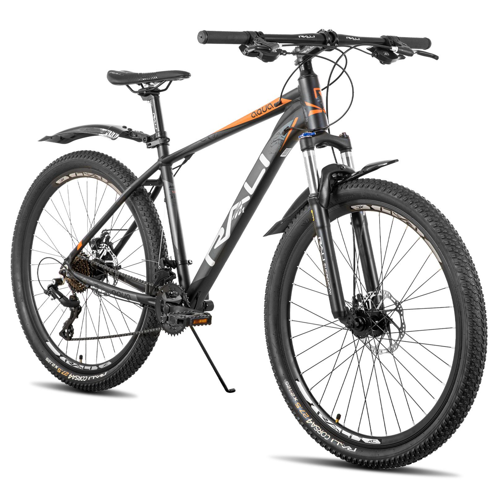 165 MTB RALI Schutzblech HILAND set), Gang und 190 - Hardtail 16 (Set, Mountainbike für Orange cm Hardtail Kettenschaltung, mit Shimano, Fahrrad MTB Zoll Aluminiumrahmen,Scheibenbremsen, mit Damen 27,5 Herren