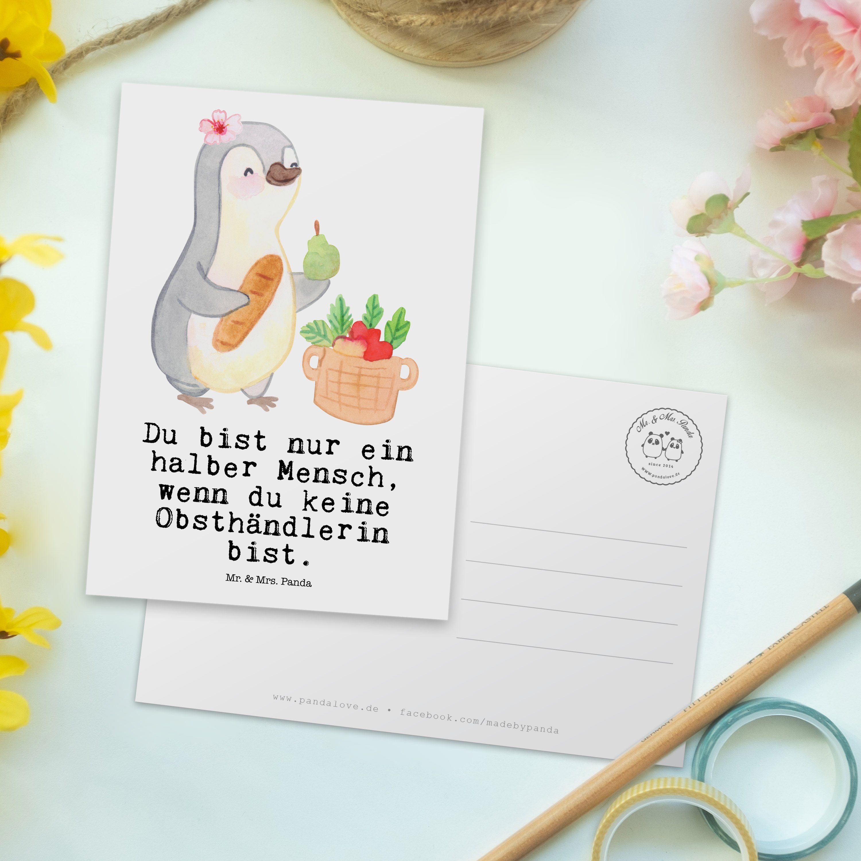 Mr. & Herz - Geschenk, Geschenkka Obsthändlerin - mit Mrs. Postkarte Weiß Obstverkäuferin, Panda