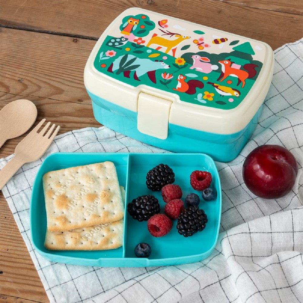 Rex London Lunchbox mit herausnehmbaren Fach Woodland Waldtiere, Kunststoff, BPA-frei, (mit Clipverschluss, 2-tlg., ca. 17 x 13 x 7,5 cm), Waldtier-Motiv Snack Obst Behälter Dose Box
