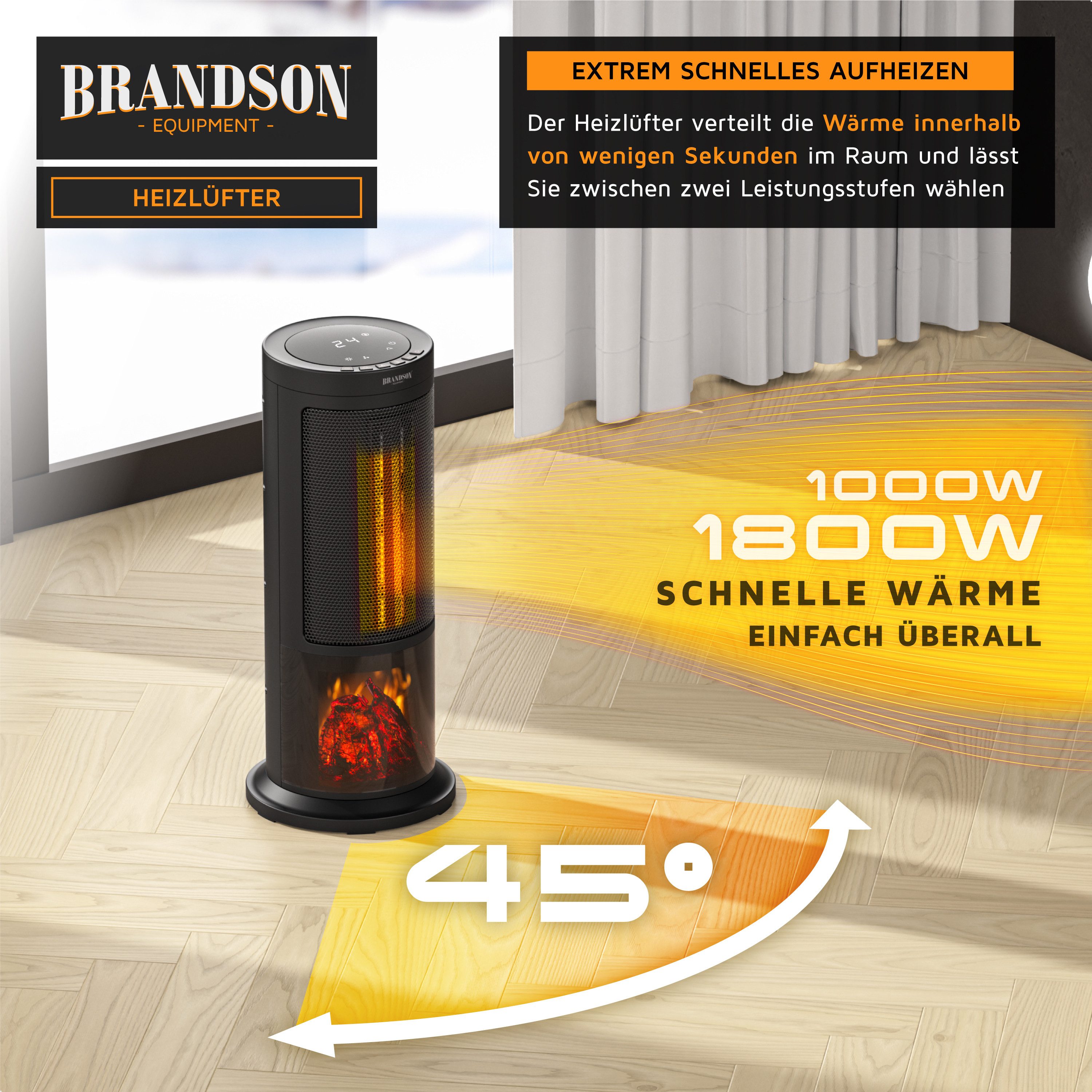 Brandson Heizlüfter mit Kaminfeuer-Effekt, Heizgerät, Timer, Oszillation, Fernbedienung, 1800 W, Preisträger 2025, Thermostat, Energiesparend, Badezimmer Heizung
