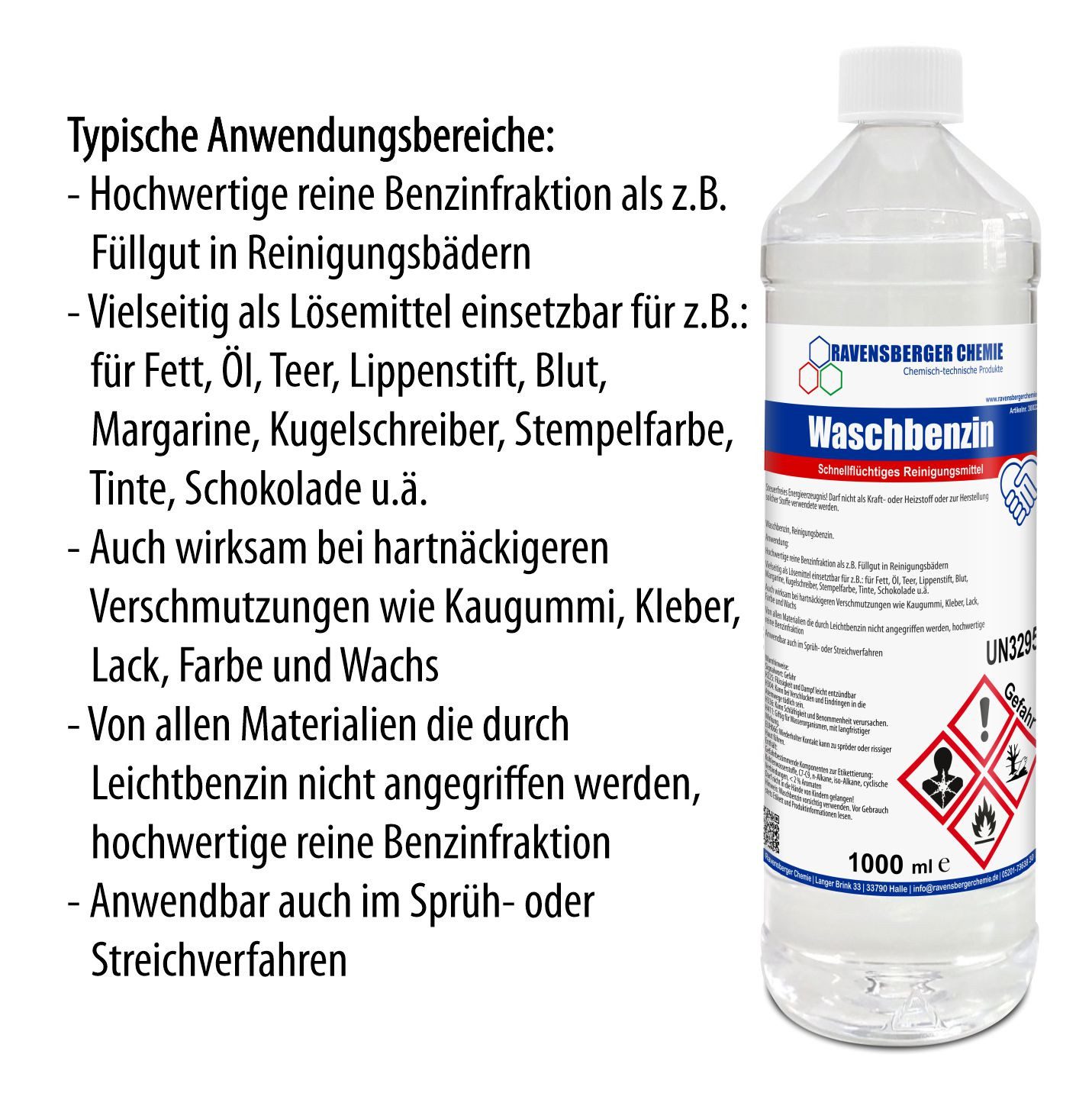 Ravensberger Chemie Waschbenzin - 1 Liter Reinigungsalkohol (1 Liter Flasche von Ravensberger Chemie - Waschbenzin 1L – Kraftvoller Reiniger für Fett, Öl & Klebereste)