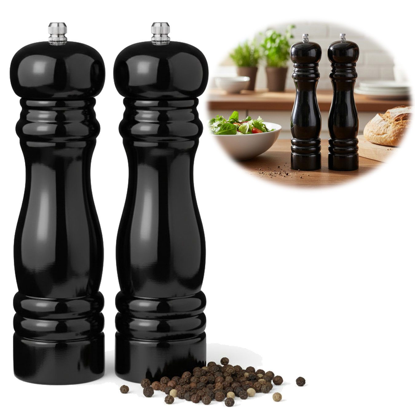 LS-LebenStil Salz-/Pfeffermühle iB Laursen Holz Salzmühle & Pfeffermühle Set Schwarz 21x5cm Keramikmah, (2 Stück)