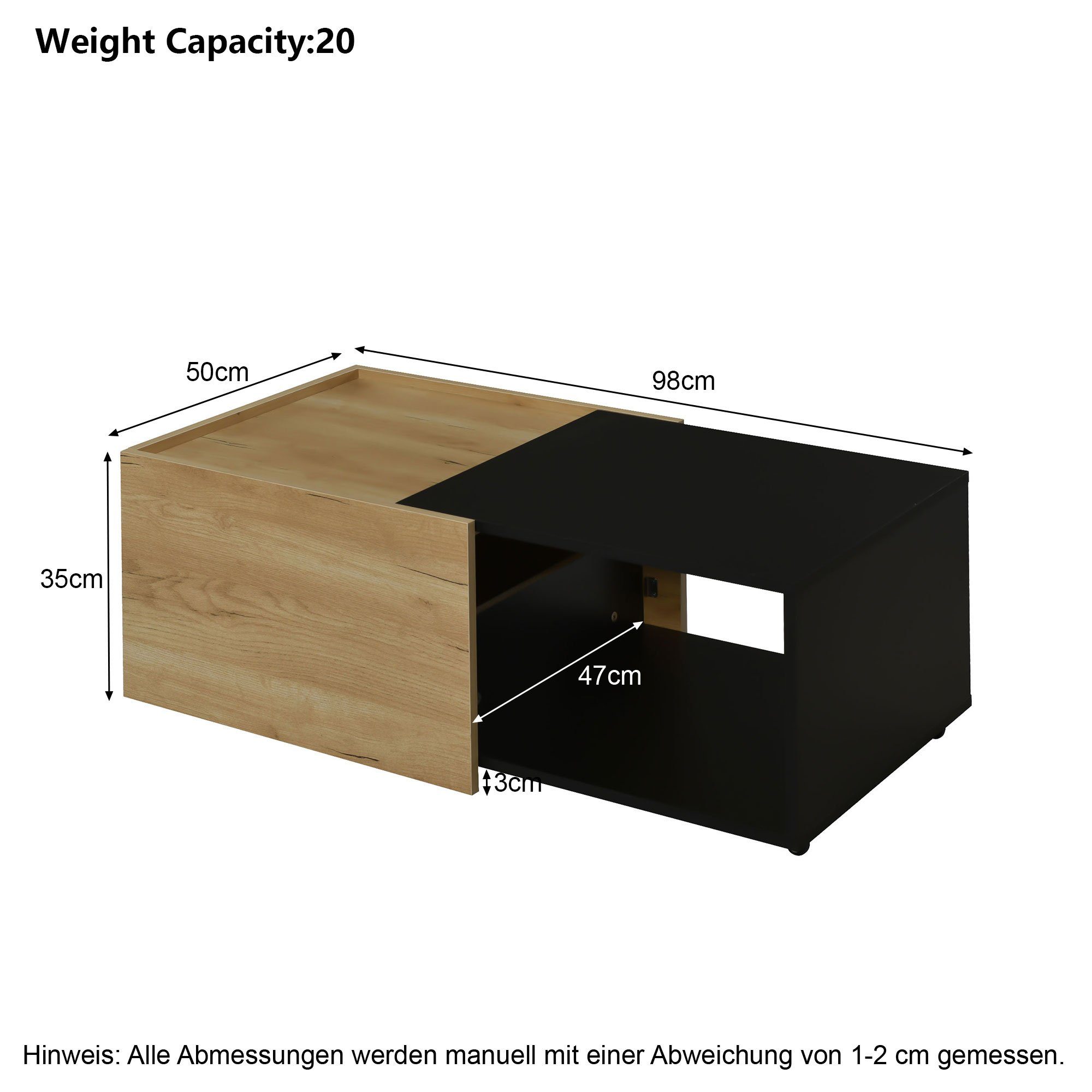 Optik mit Tischplatte, Ausziehbare zweifarbige Tischplatte, EXTSUD Stauraum, Rollen, Couchtisch ausziehbare Couchtisch