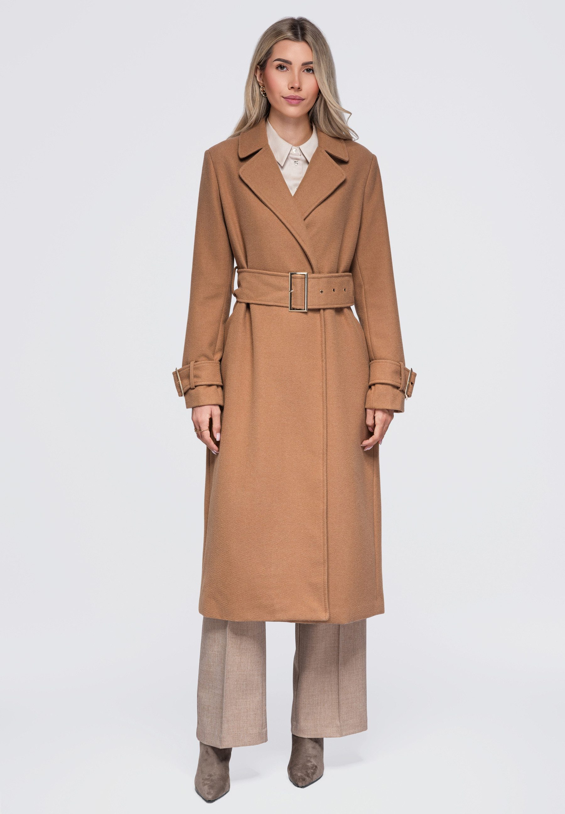 OMBRE Wintermantel Damen Wintermantel mit breitem Gürtel elegant Camel XS (kein Set, 1-tlg)