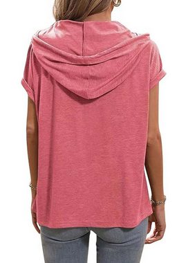 RUZU UG Blusentop Damen Hoodie Blusenshirt Kapuzenshirt V Ausschnitt Kurzarm T Shirt