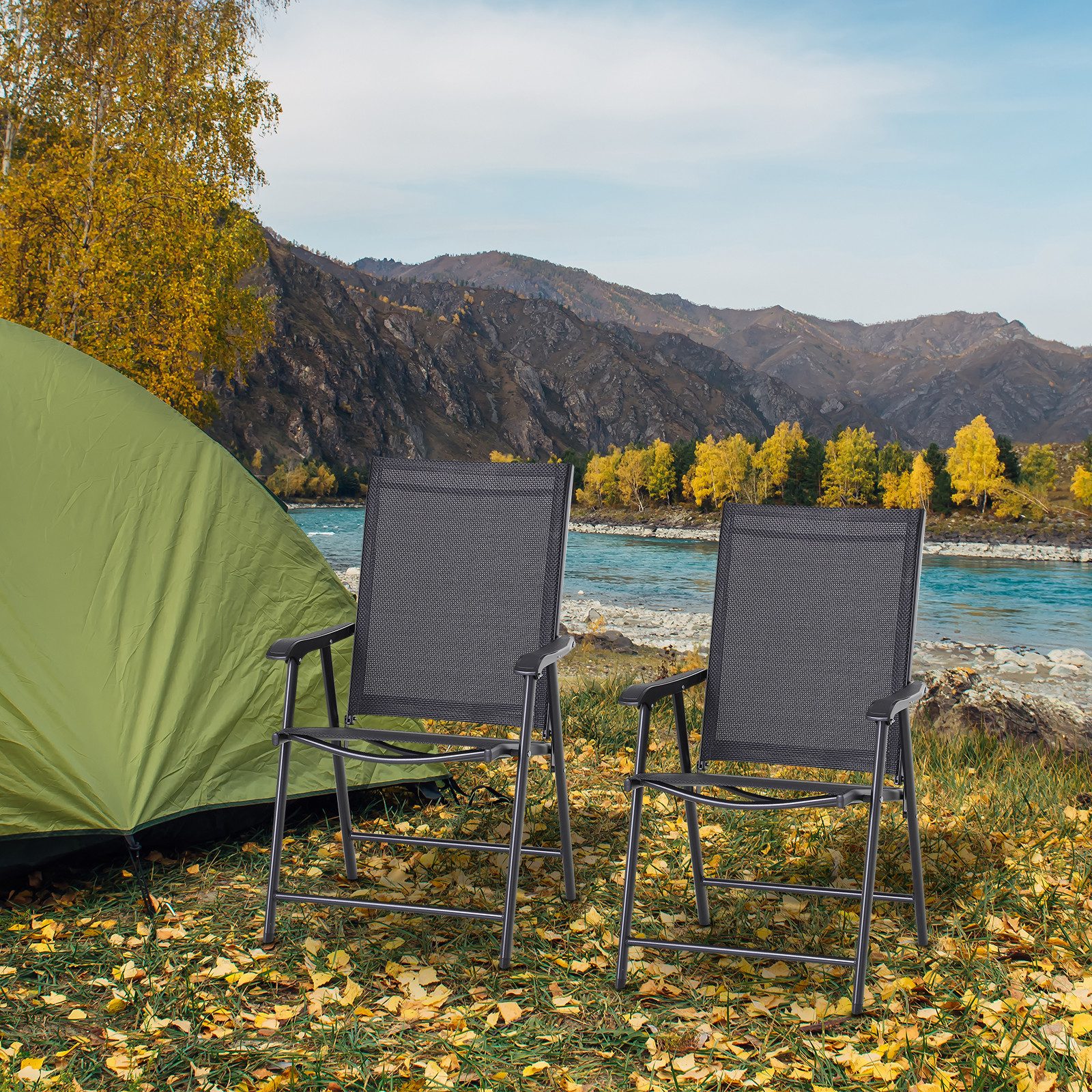 Outsunny Gartenstuhl Klappstuhl 2er Set Campingstuhl Metall Schwarz (Klappstuhl mit Armlehne, 2 St), Metall, Schwarz, 58 x 64 x 94 cm
