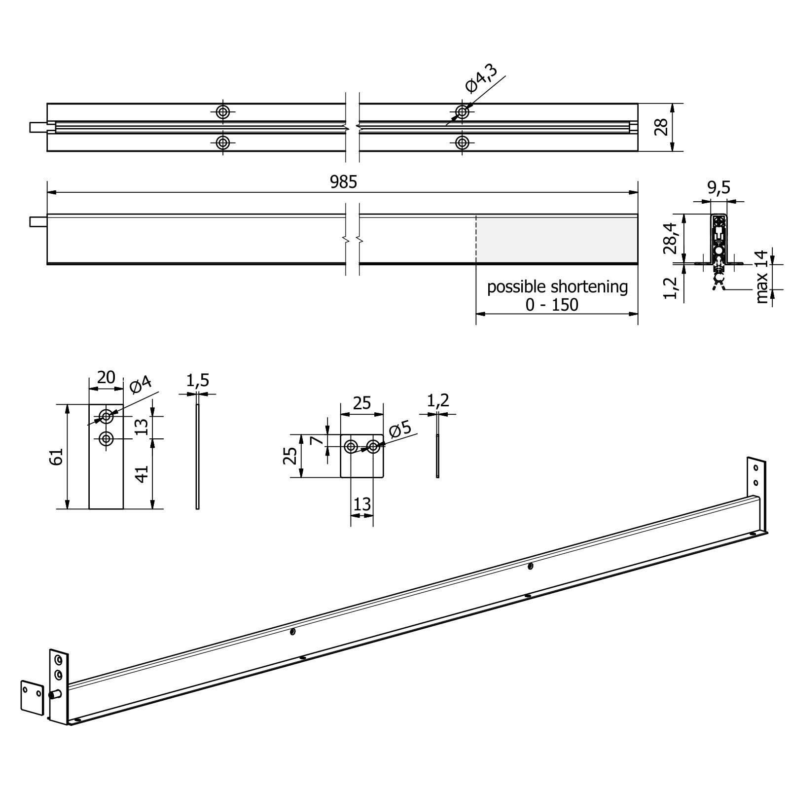 SO-TECH® Türbodendichtung Türdichtung automatisch, Länge um 15cm kürzbar, Alu eloxiert, L: 9.85 cm, (1-St), zum Einfräsen Befestigung seitlich und von unten – Bild 5 von 5
