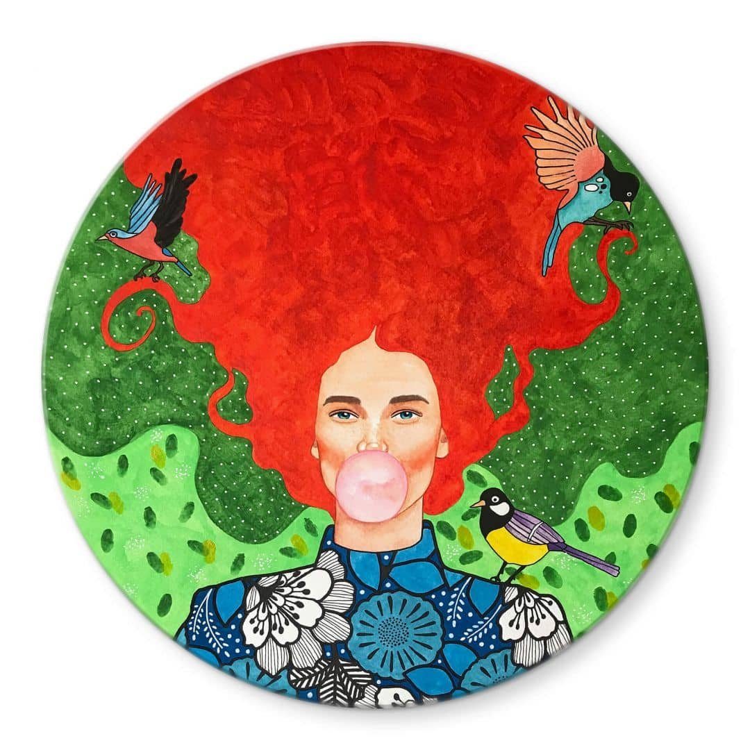 K&L Wall Art Glasbild Glas Wandbild Rund Glasbild Gemälde Frau Hülya Chaos Liebe, Wandschutz Deko Bilder