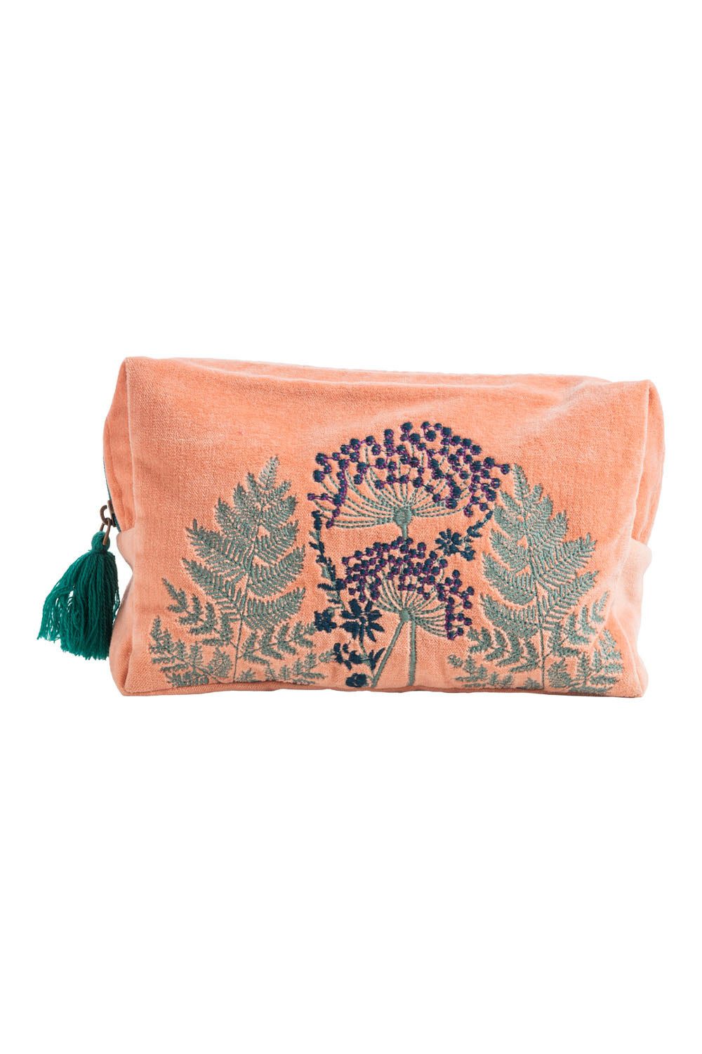 Tranquillo Kosmetiktasche aus Bio-Baumwolle VELVET LEAVES groß 24x14x8 cm mit Reißverschluss, Samt-Kulturbeutel mit floraler Stickerei für Accessoires und Makeup