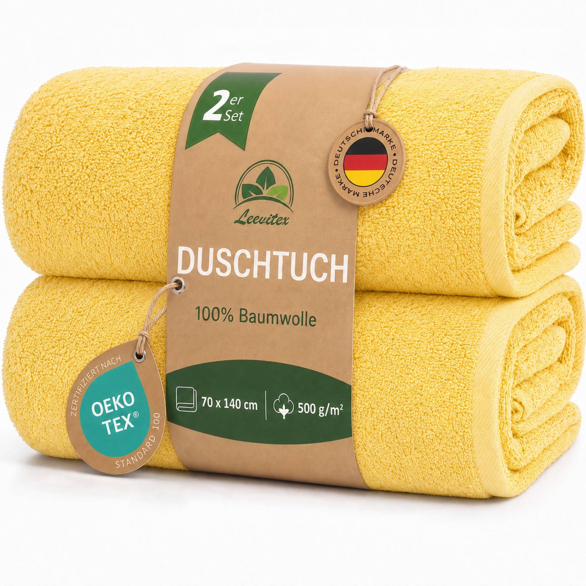 leevitex® Duschtücher 2er-Set, 70x140 cm, 100% Baumwolle, saugstark und fusselfrei, Frottee (Set, 2-St), OEKO-TEX® STANDARD 100 zertifiziert, gestreifte Bordüre