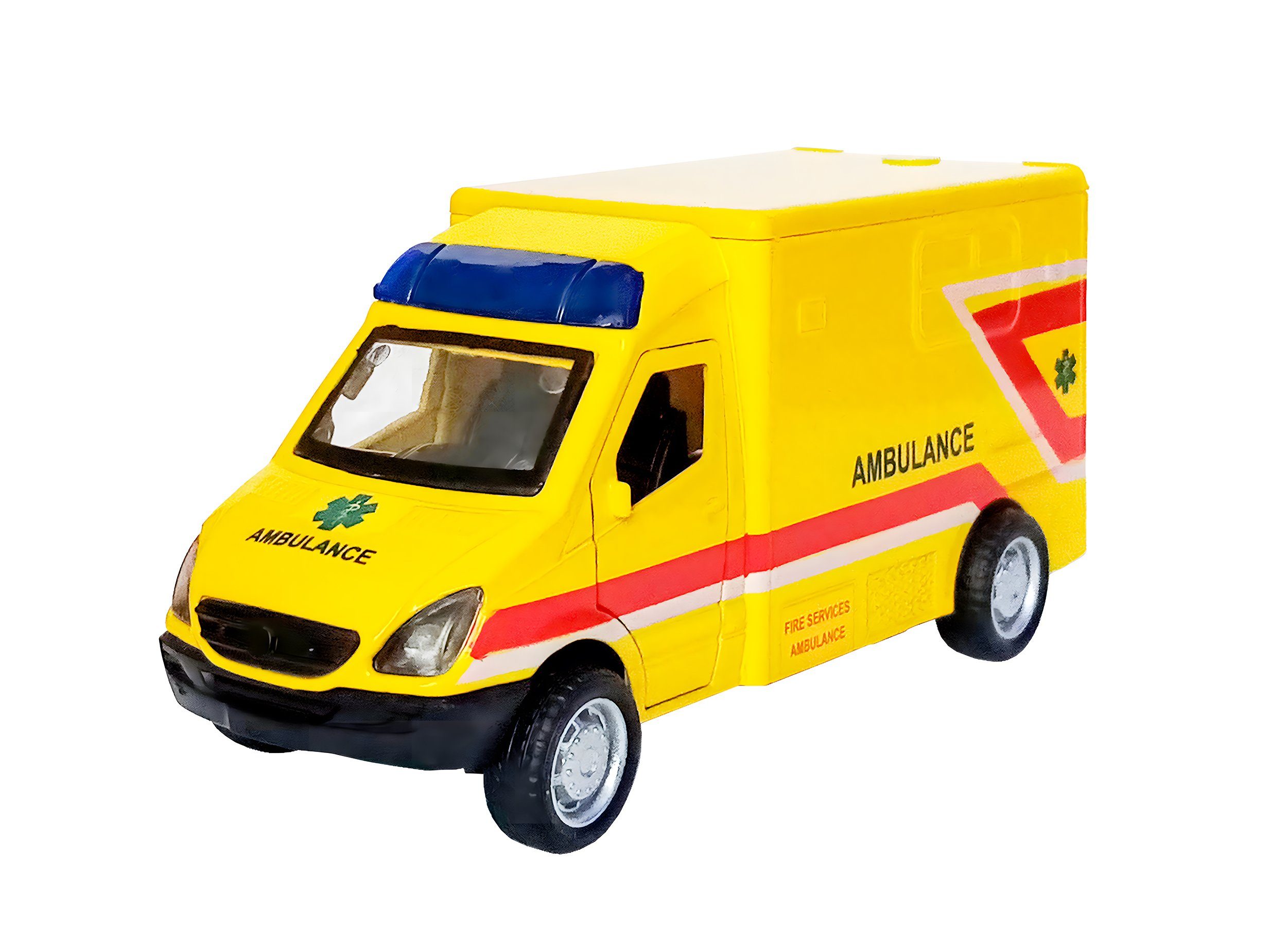 Toi-Toys Modellauto DIENSTWAGEN mit Licht Sound Rückzug Motor Model 05 (Ambulance-Gelb), Maßstab 1:38, Bus Modellauto Auto Spielzeugauto Spielzeug Geschenk