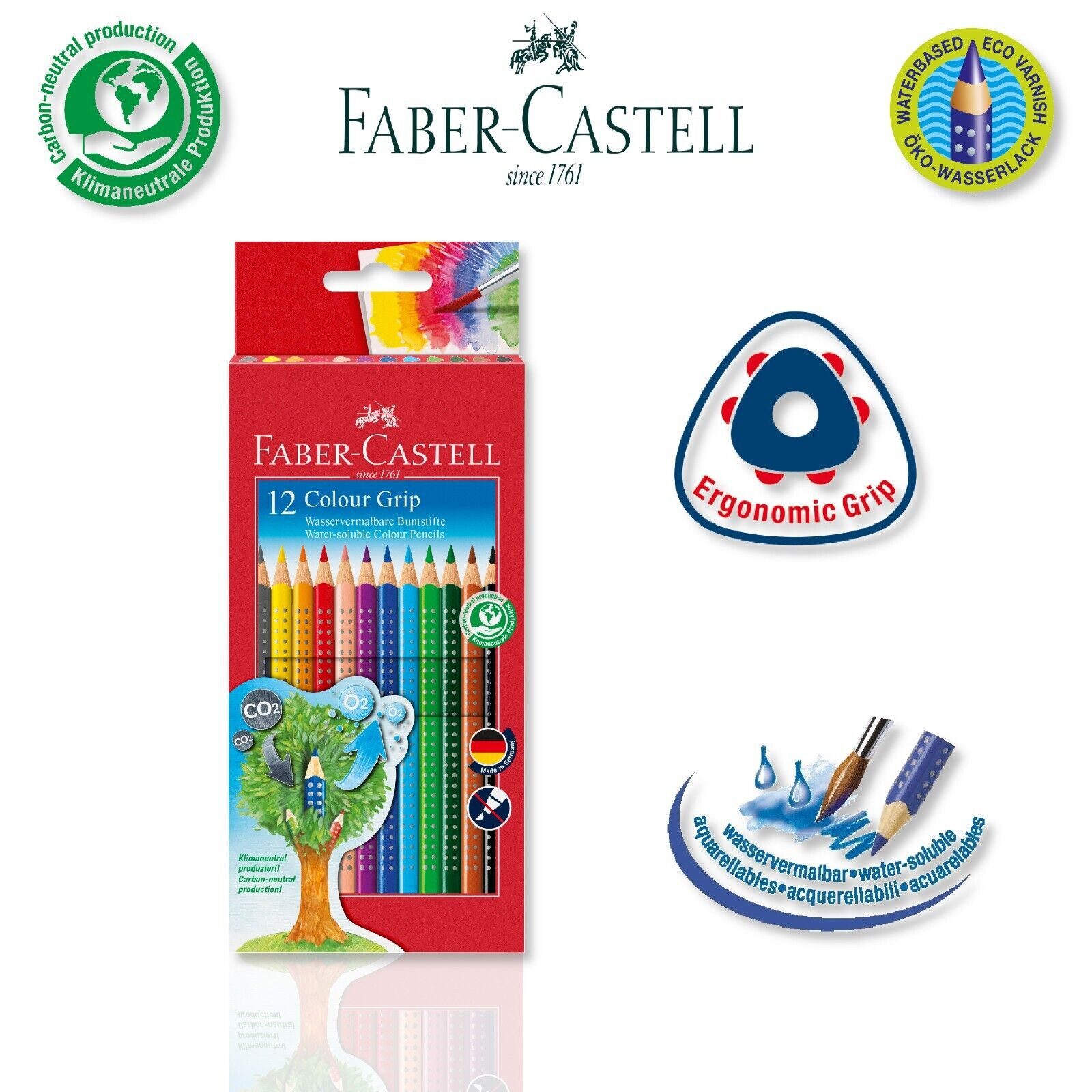 Faber-Castell Buntstift Colour Grip, 12 verschiedene Farben im Kartonetui mit Soft-Grip-Zone