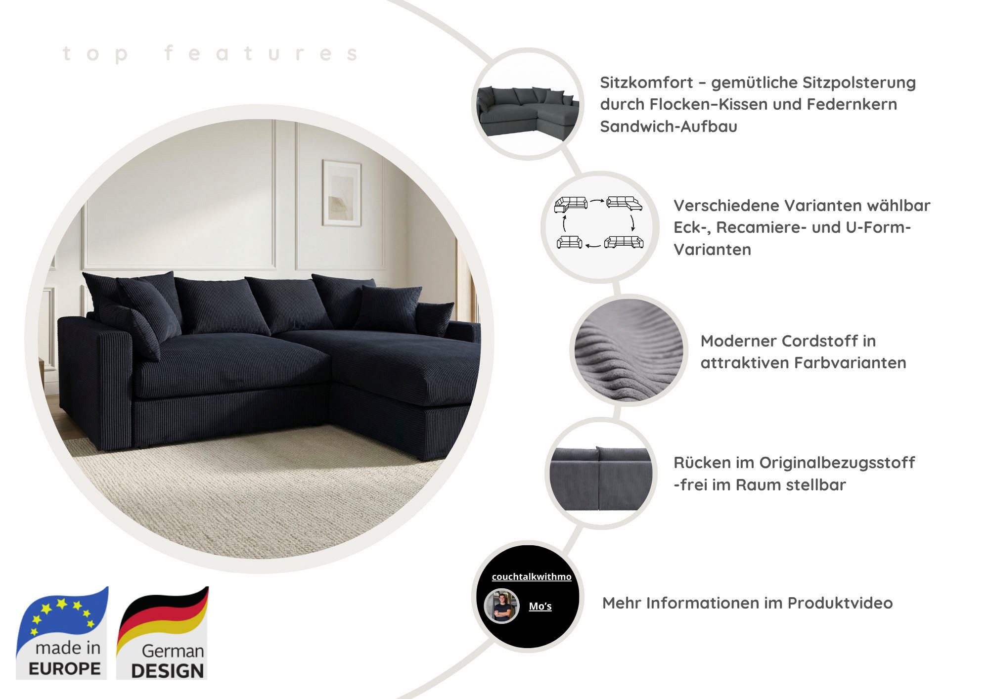 OTTO home Ecksofa Cosy Lounge L-Form, Breite 268 cm, Mega-Sofa mit Cordstoff bezogen, mit Federkern & 5 Zierkissen