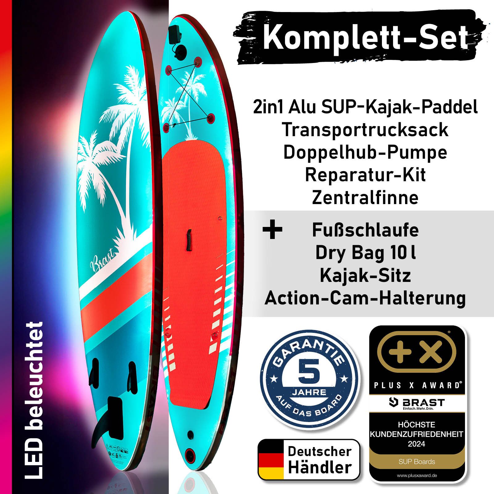 BRAST SUP-Board mit LEDs Aufblasbares Stand up Paddling Set - 320x81x15cm, 5 Jahre Garantie inkl. Sonderzubehör, (2in1 Paddel Kajak-Sitz Action-Cam-Halterung, Beleuchtung mit 10 Farben), Fußschlaufe Paddel Pumpe Rucksack