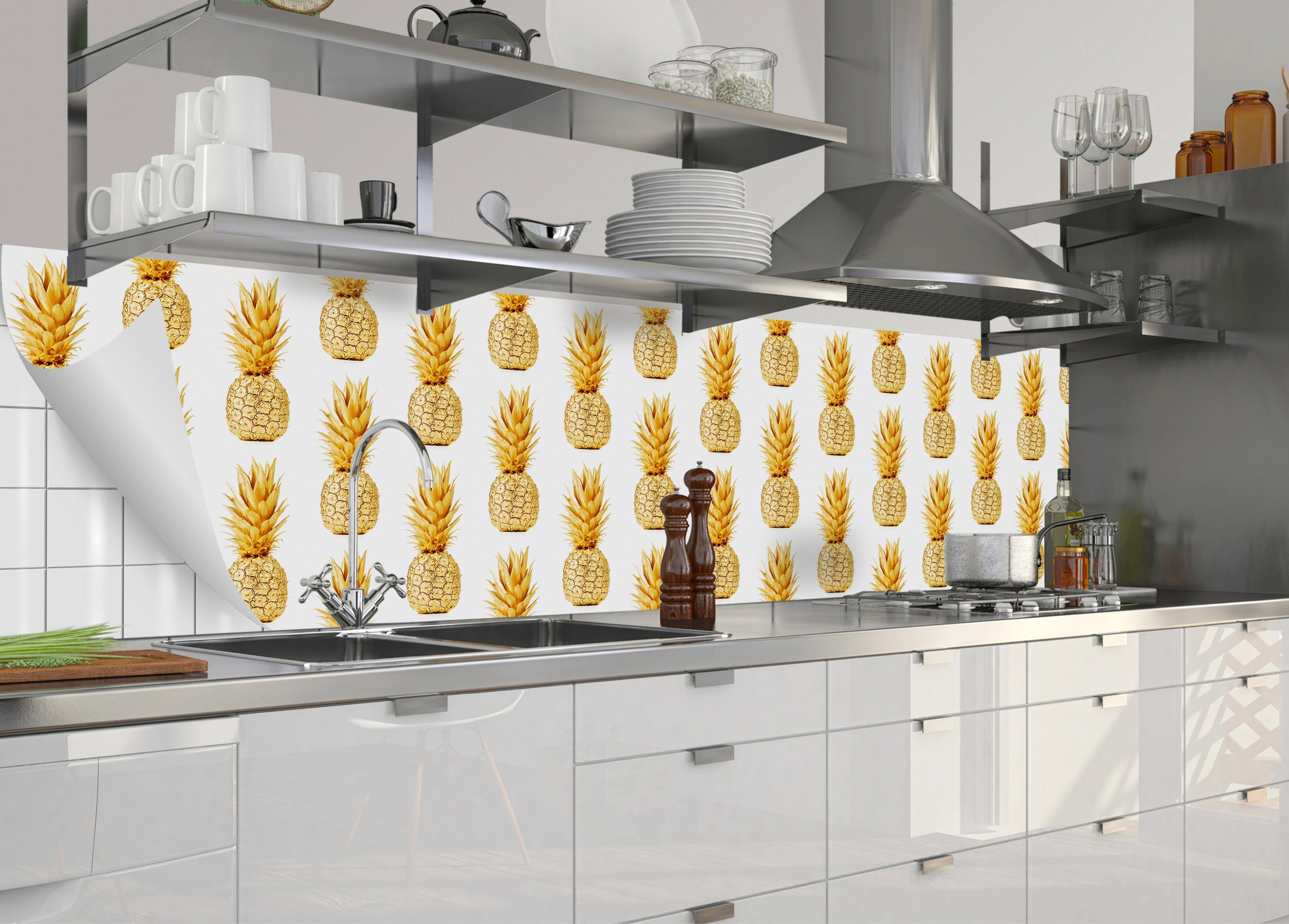 MySpotti Küchenrückwand fixy Ananas Gold, flexible selbstklebende und Küchenrückwand-Folie
