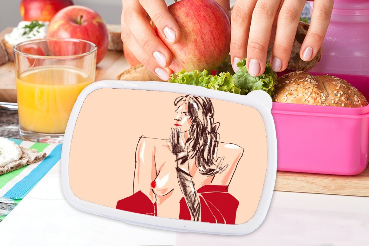 Snackbox, Porträt Pastell Lunchbox Mädchen, MuchoWow (2-tlg), rosa Erwachsene, Brotbox Kunststoff, - Brotdose für Kunststoff - Frau Rot, - Kinder,
