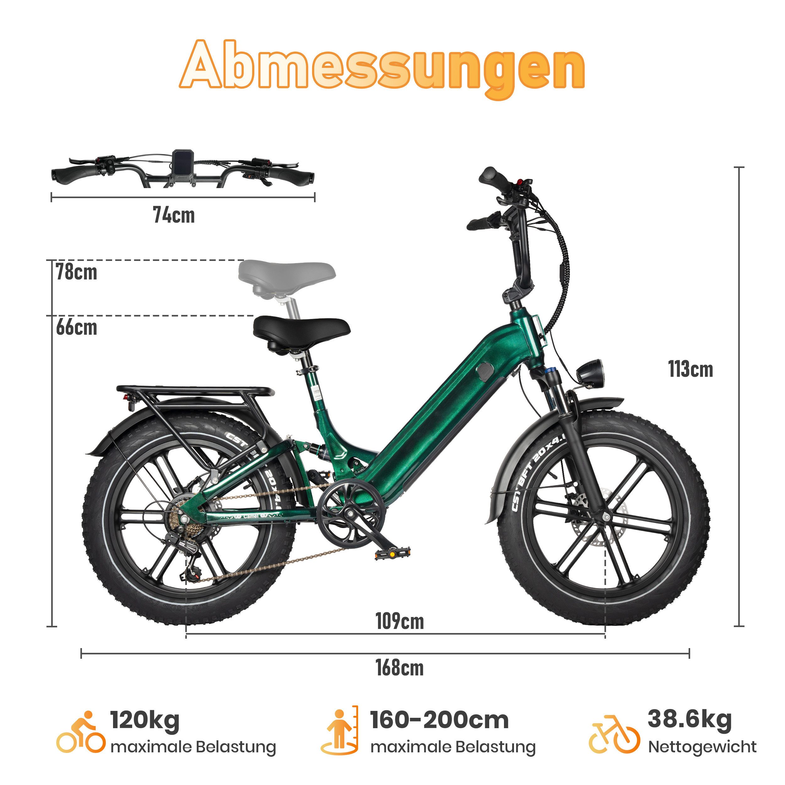 Vankel E-Bike Cityrad Camel E-Fahrrad Damen u. Herren 864WH Pedelec, 48V 18AH 120 km, Kettenschaltung, Heckmotor, 864 Wh, (Beleuchtungsset mit Batterieladegerät, Batterieschlüssel, Werkzeug), Fatbike E-Bikes 250W, 120km Reichweite, 20×4.0" Reifen