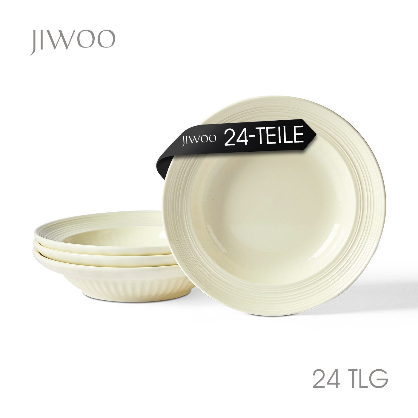 JIWOO Suppenteller 4er Ø20,3 cm, Speiseteller Pastateller Salatteller Dessertteller Plate, (24 St), Keramik Plate Hochwertige Tellerset Weiß mikrowellen spülmaschinenfest