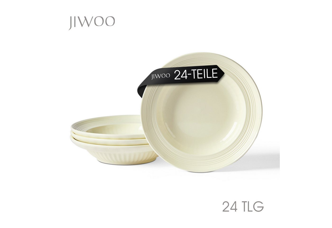 JIWOO Suppenteller 4er Ø20,3 cm, Speiseteller Pastateller Salatteller Dessertteller Plate, (24 St), Keramik Plate Hochwertige Tellerset Weiß mikrowellen spülmaschinenfest
