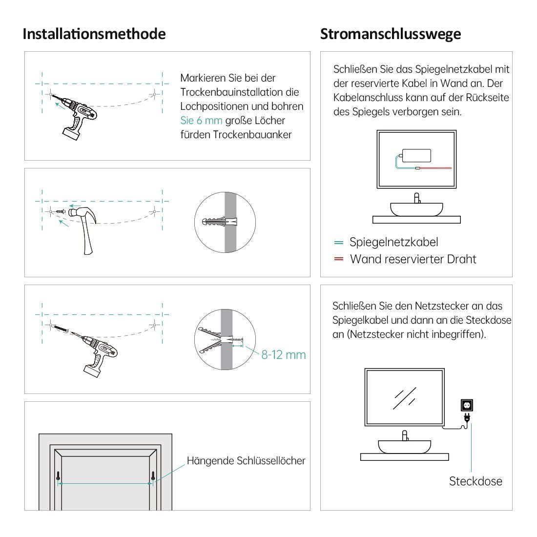 Badspiegel mit Spiegel EMKE Touchschalter Rahmenloser Spiegel Runder Badspigel Beleuchtung, EMKE mit