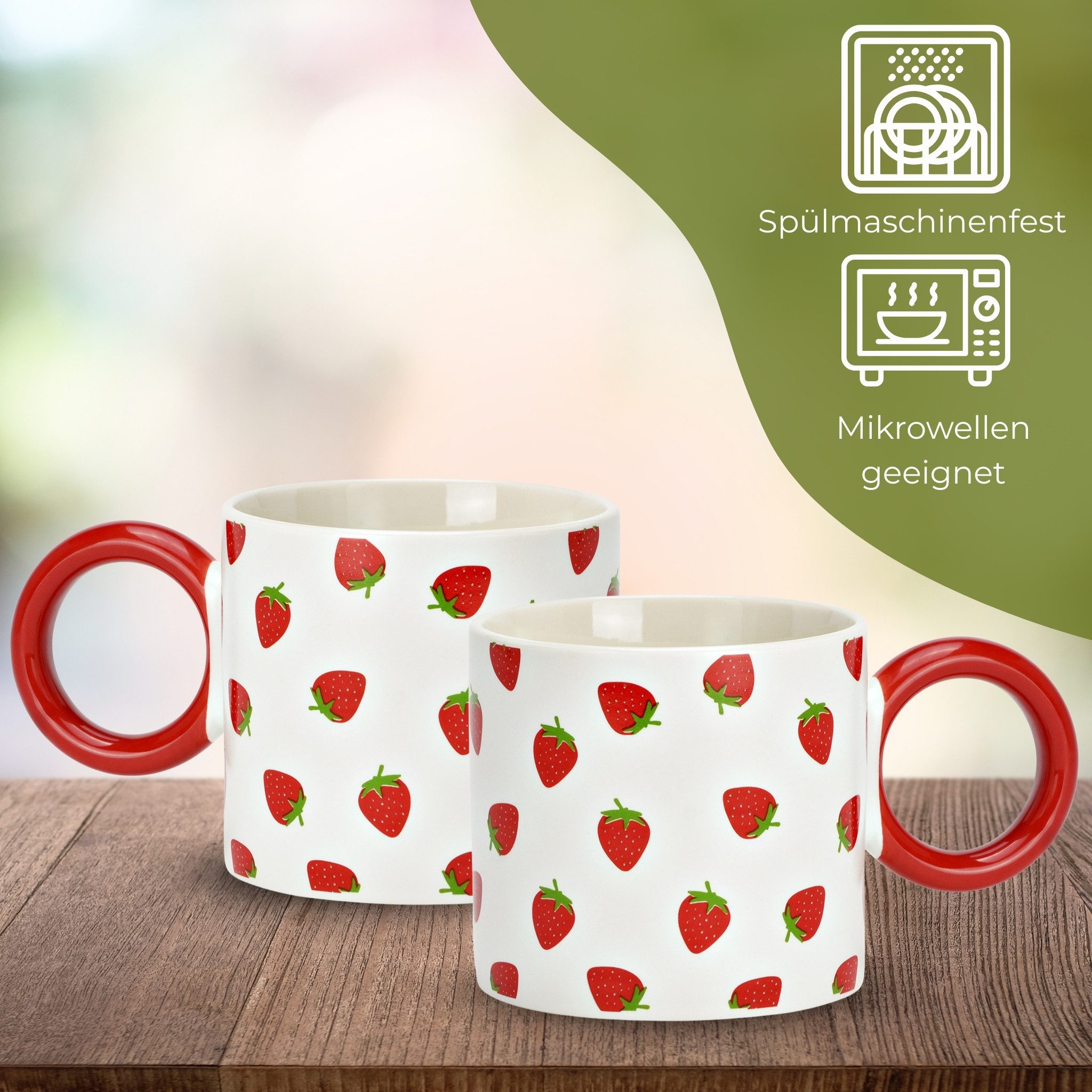 matches21 HOME & HOBBY Tasse Kaffeetassen Erdbeer Dekor, 4er Set Kaffeetasse Weiß Gelb, 4-tlg., Porzellan, Bunte Obst Frühstückstasse 330 ml
