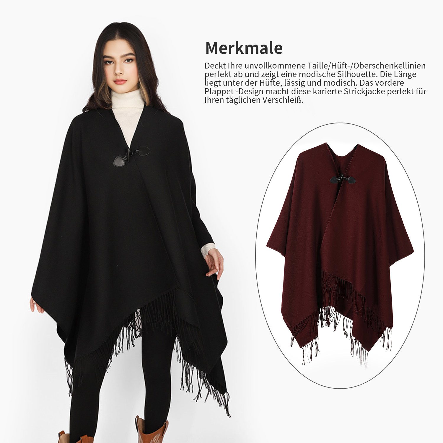 Refttenw Poncho Damen Warm Elegant Poncho,Cardigans Pullover,Mit Quasten,Knöpfen