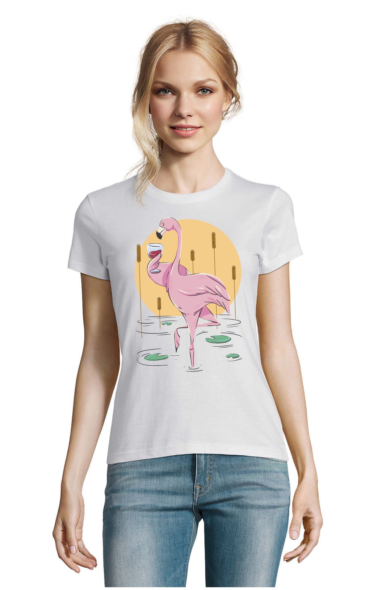 T-Shirt Wein trinkender Flamingo Vogel Damen Shirt Fun Motiv