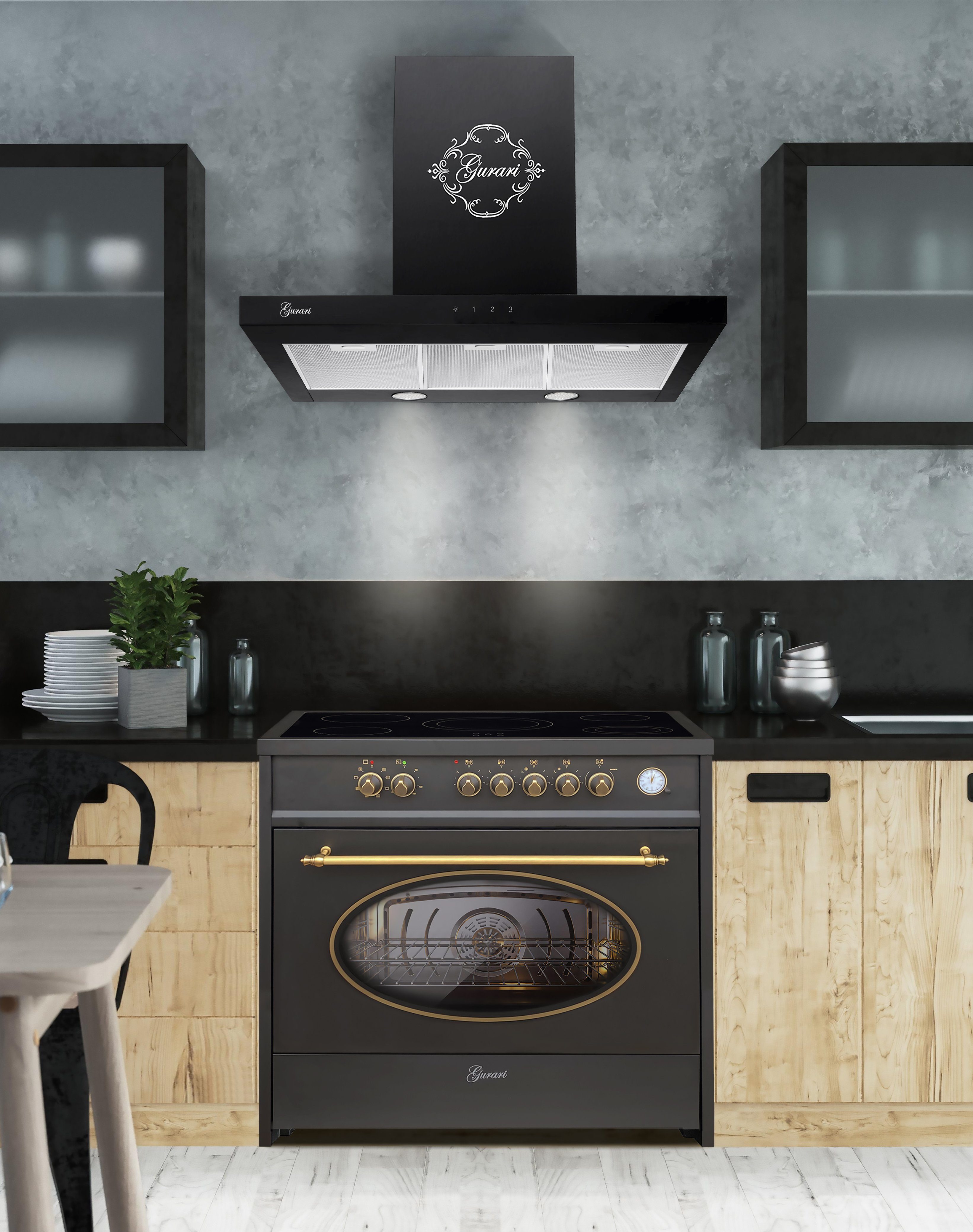 GURARI Elektro-Standherd GCH E 912 BL r+GCH 462 BL 9 Prime, mit 1-fach-Teleskopauszug, Retro Elektro Standherd 90 cm/ 121L +Dunstabzugshaube 90cm