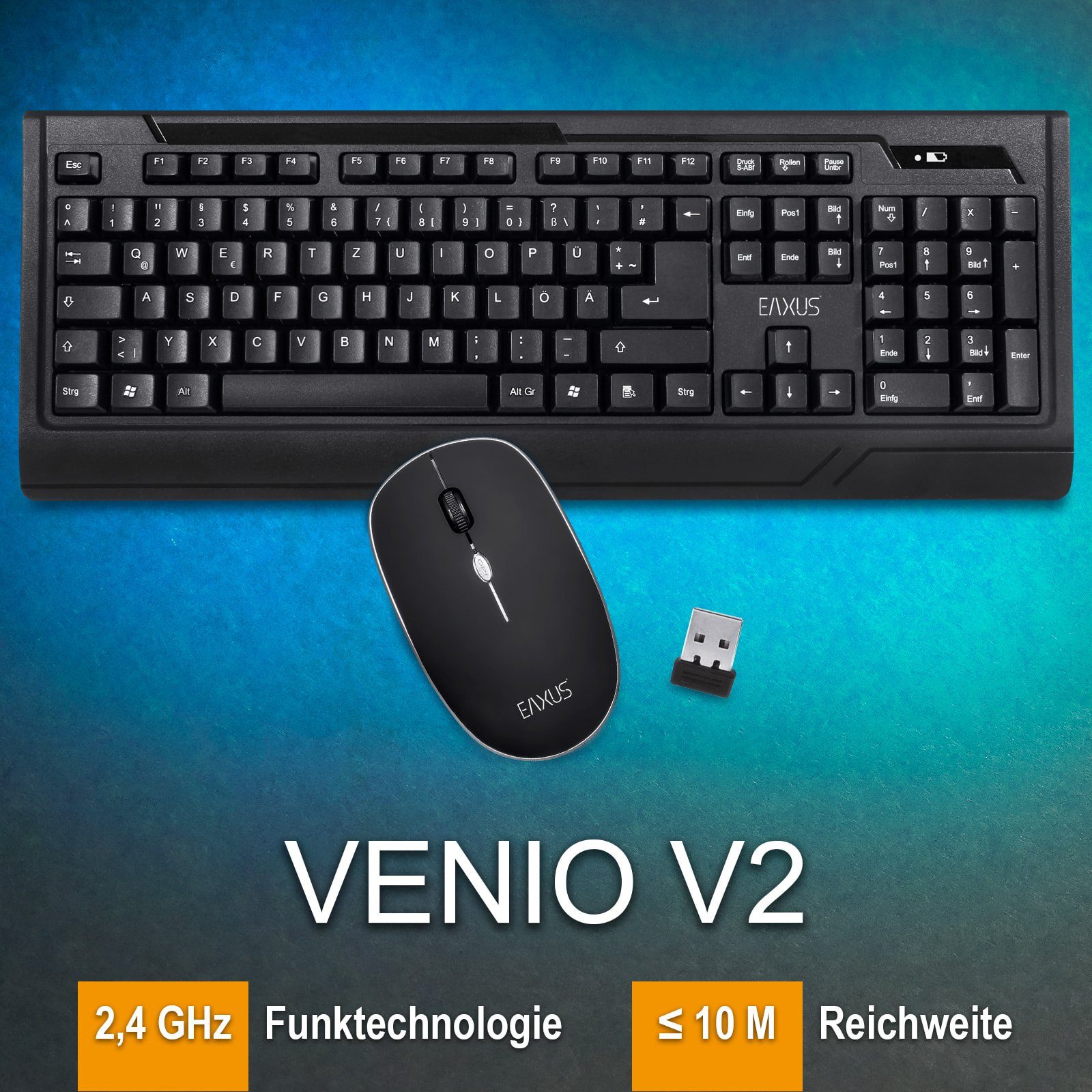 EAXUS Venio V2 Ergonomische Funktastatur und Funkmaus Tastatur- und Maus-Set,  USB Nanoempfänger, Geräuscharm - ideal fürs Büro, 1000 dpi, lange Laufzeit