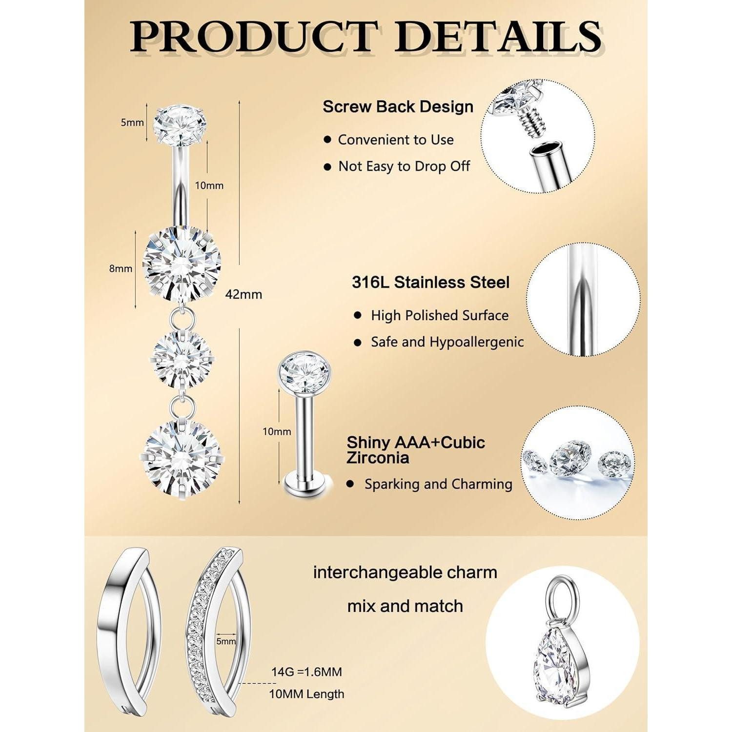 Chriscoco Bauchnabelpiercing-Set 14G Bauchnabelpiercing Chirurgenstahl Silb günstig online kaufen