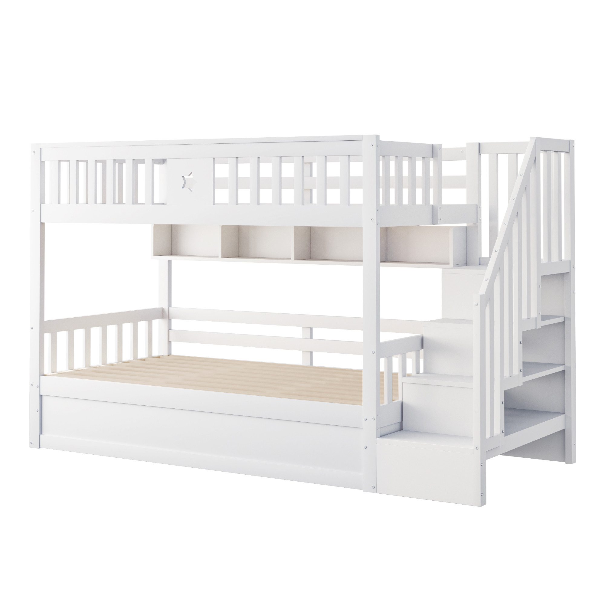 Merax Etagenbett mit hydraulischem Unterbett (1-St., Stockbett Jugendbett Doppelbett Hochbett aus Massivholz), Kinderbett 90x200cm mit Stauraumtreppe, Regalen & – Bild 4 von 5