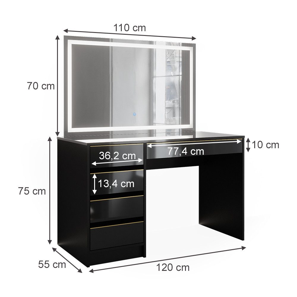 Vicco Schminktisch Sherry, Schwarz, 120 cm mit LED-Spiegel (2-St)