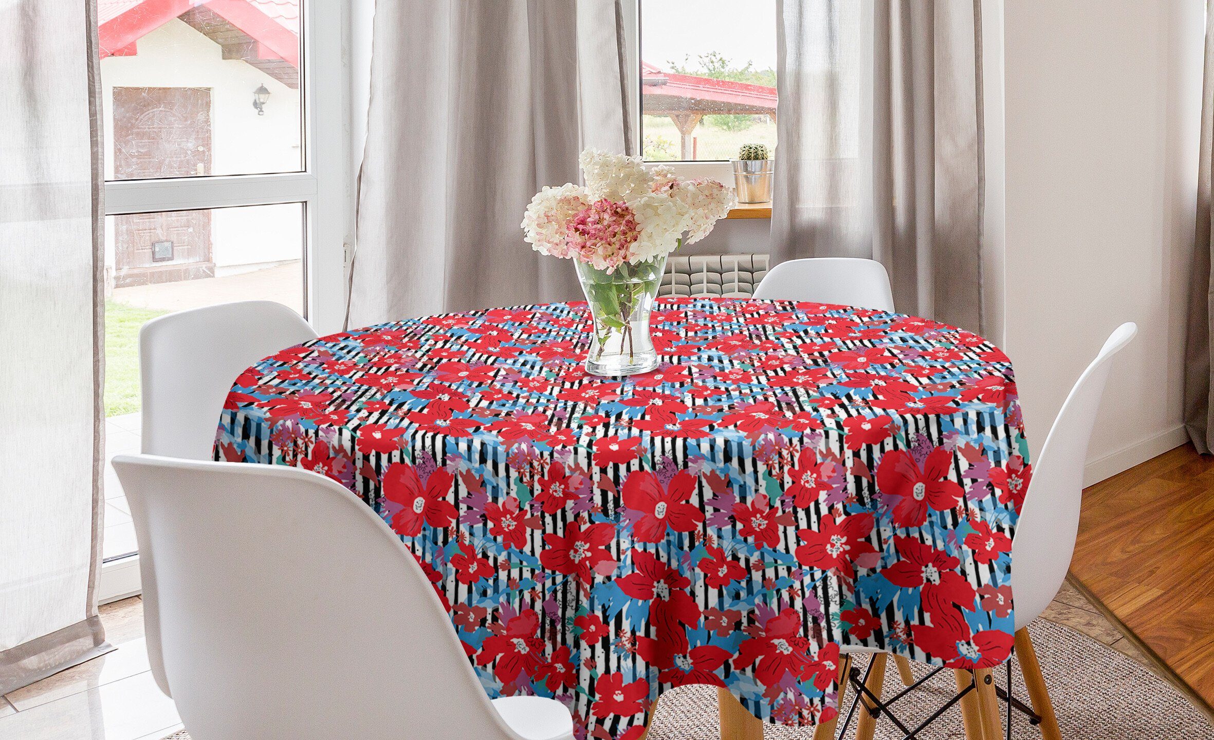 Abakuhaus Tischdecke Kreis Tischdecke Abdeckung für Esszimmer Küche Dekoration, Blumen Angehende Blumen und Streifen