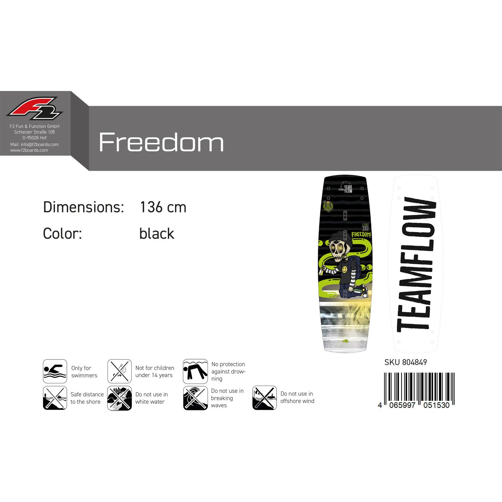 F2 Wakeboard F2 Wakeboard Freedom Team Flow 136 cm Schwarz 2025, Wakeboard