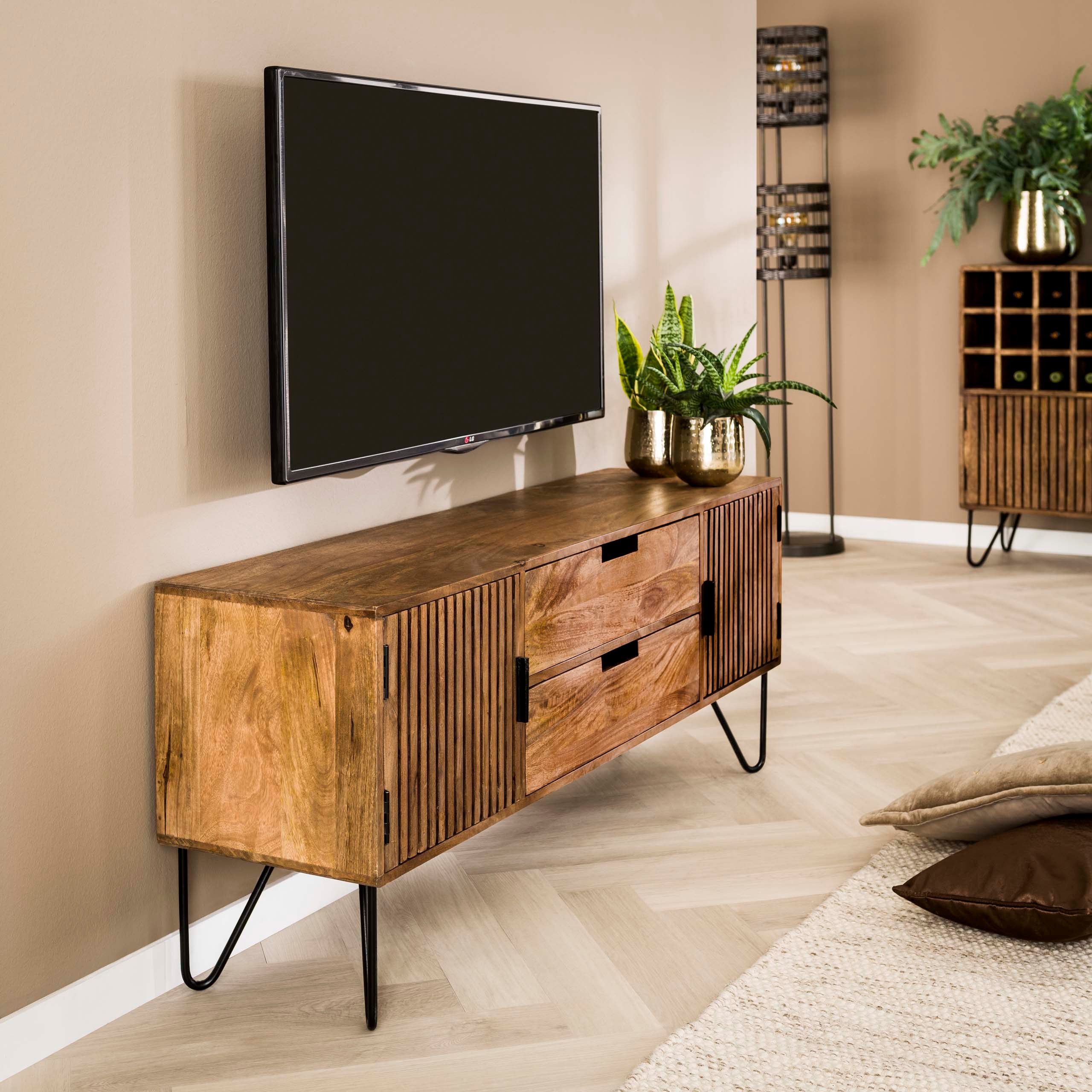 alesvelt TV-Schrank LINEA Massivholz-Lowboard mit Lamellentüren & Hairpin-Legs 135cm (135x55x35cm, 1-Schrank)