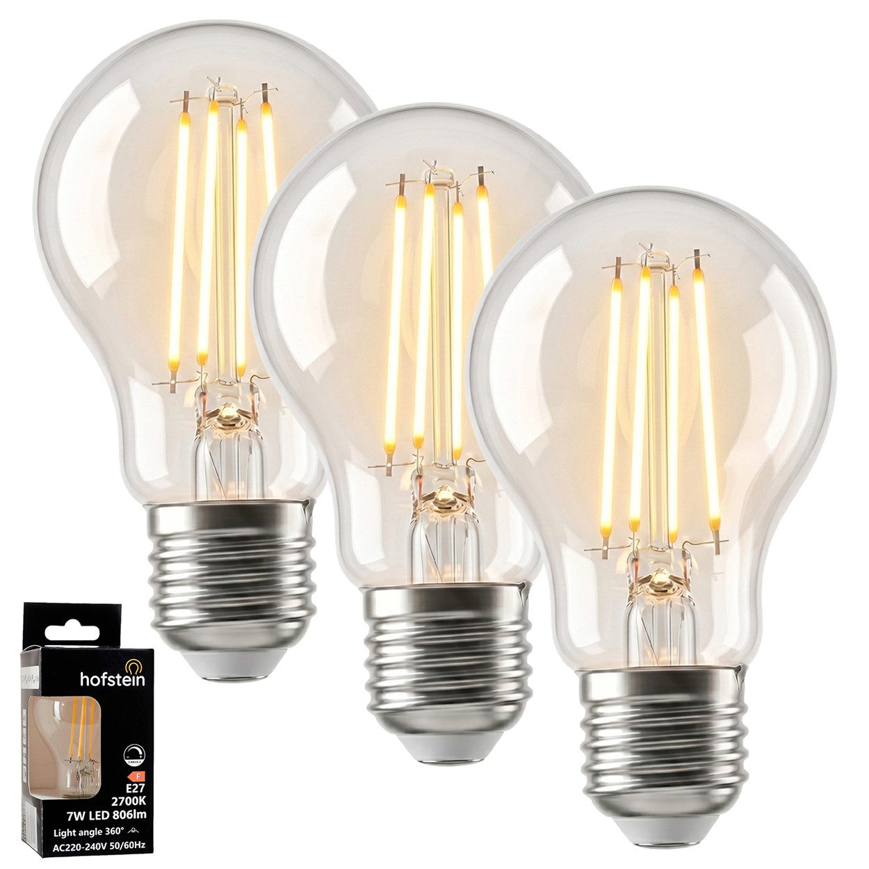 hofstein LED-Leuchtmittel 3er Set Glühbirne Warmweiß dimmbar 7 Watt, E27, 2700 Kelvin, 800 Lumen, Klassisch, Filament, Klar