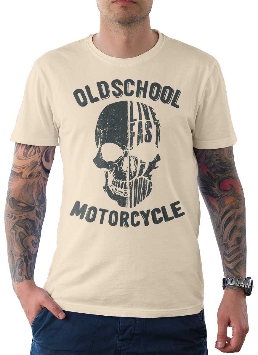 Rebel On Wheels T-Shirt Herren T-Shirt Tee Live Fast Motorcycle mit Biker / Motorrad Motiv Cream