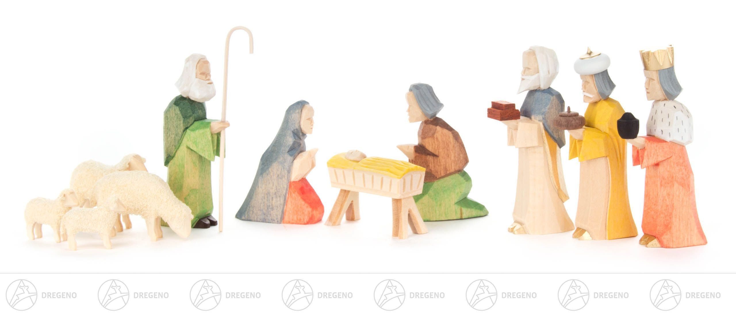 Dregeno Erzgebirge Weihnachtsfigur Krippen und Zubehör Krippefiguren geschnitzt farbig (11) Breite x