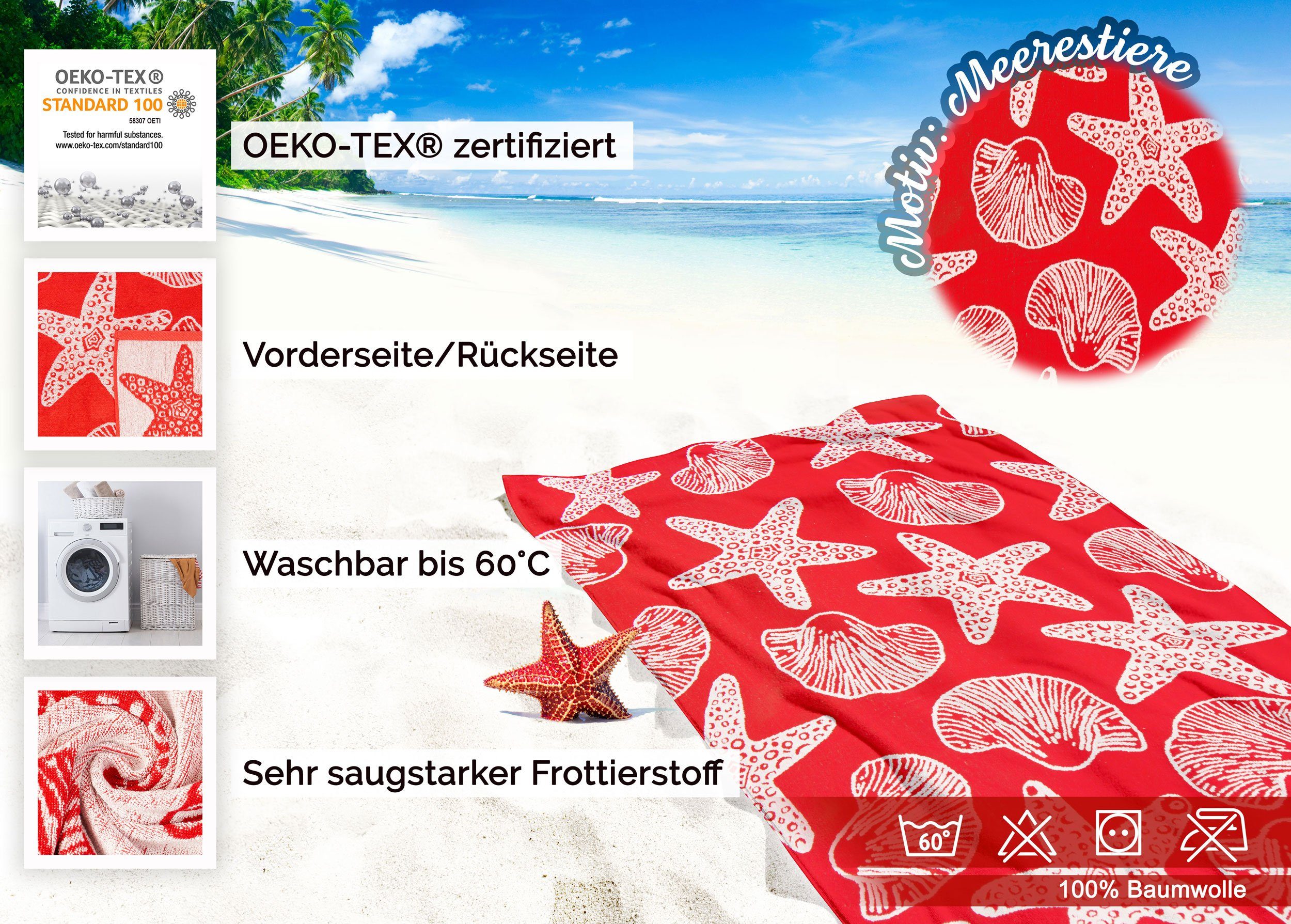 Strandtuch, 100% mit (1-St), cm, Meerestier-Design 90 rot 180 Glattvelours Baumwolle, ZOLLNER x